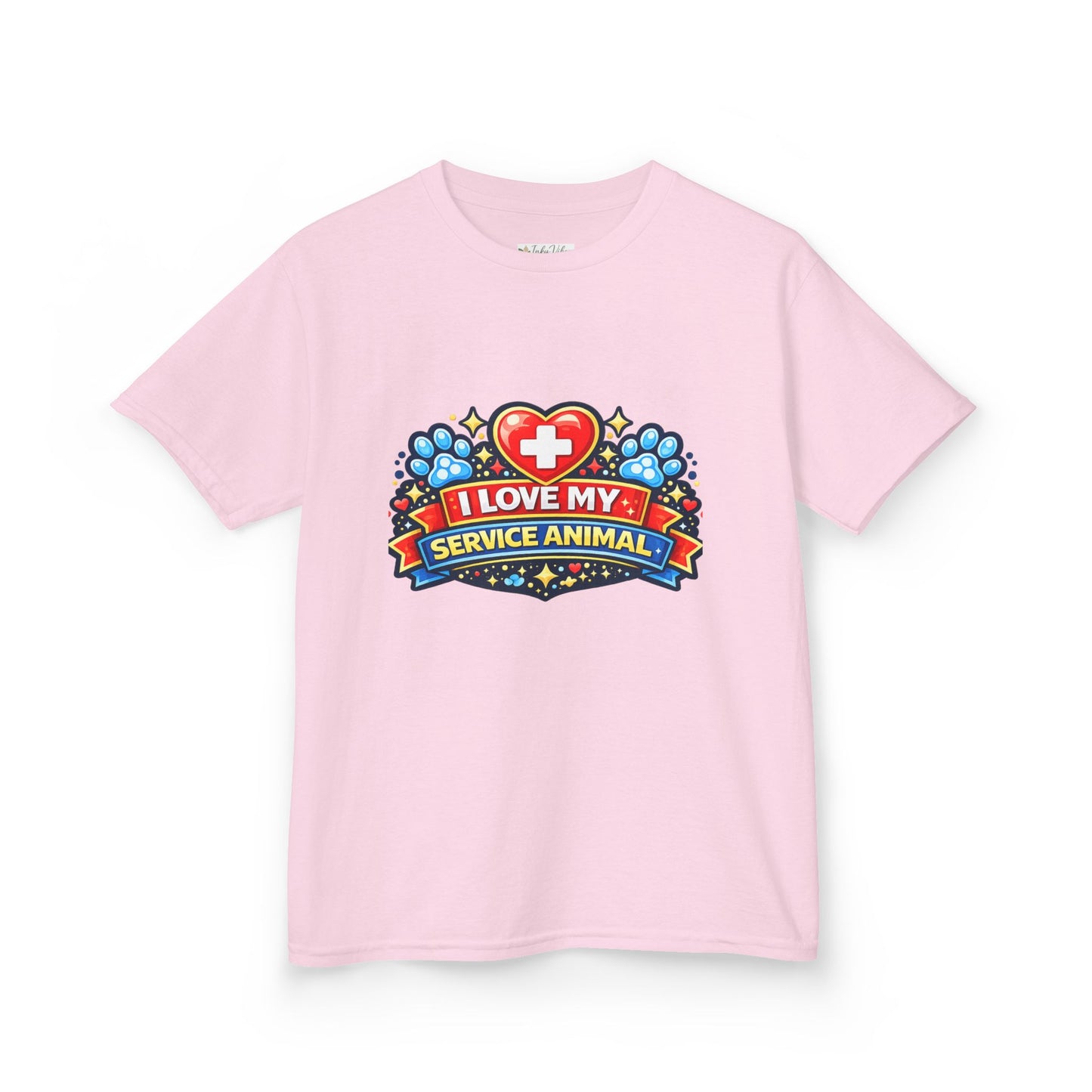 I Love My Service Animal Kid's Tee Shirt Cute Heart and Paw Print Design, Red and Blue