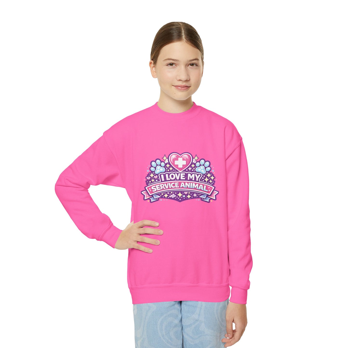 I Love My Service Animal, Youth Crewneck Sweatshirt, Matching, Pink and Purple