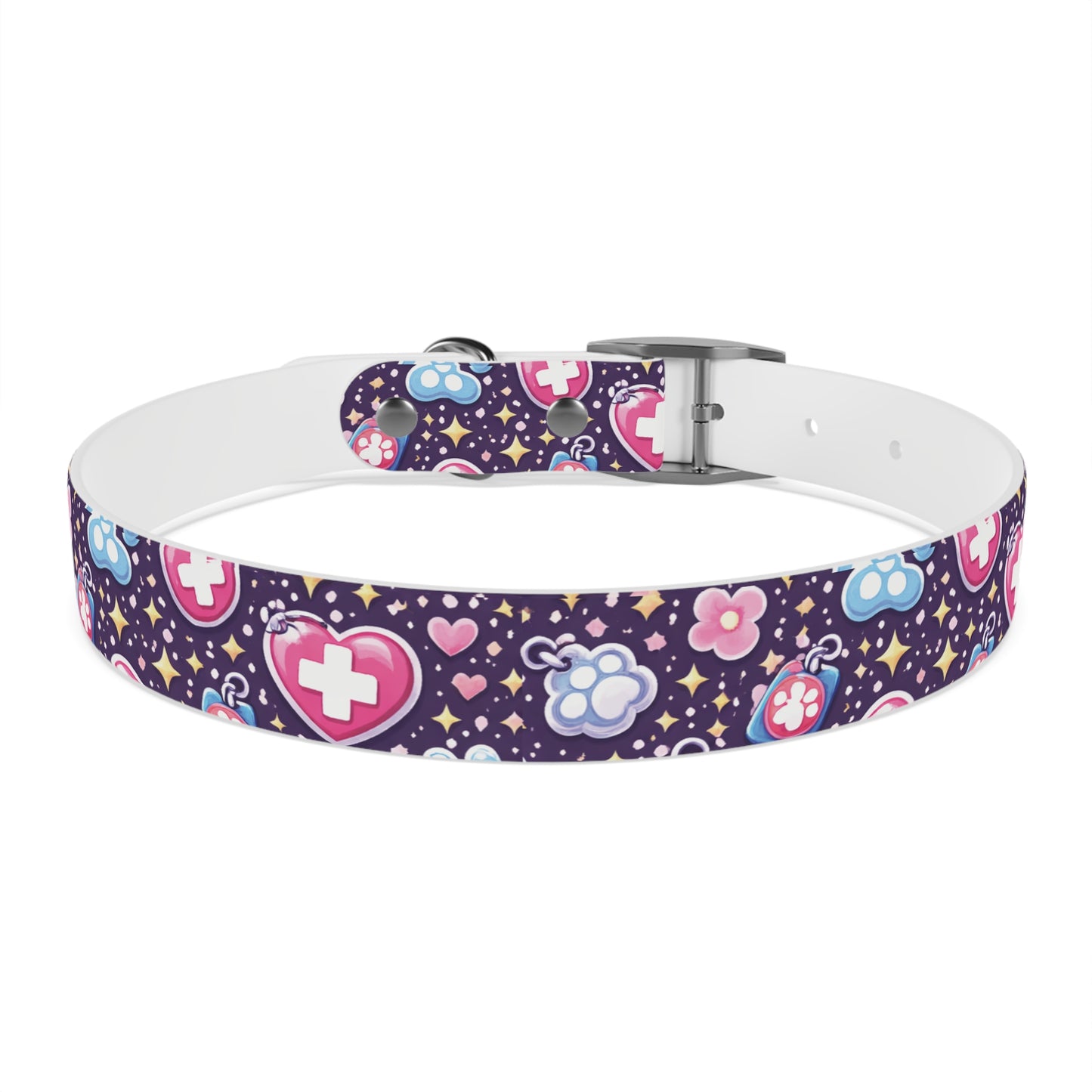 Dog Collar — Cute Paw & Heart Patterned Pet Collar (Pink and Purple)