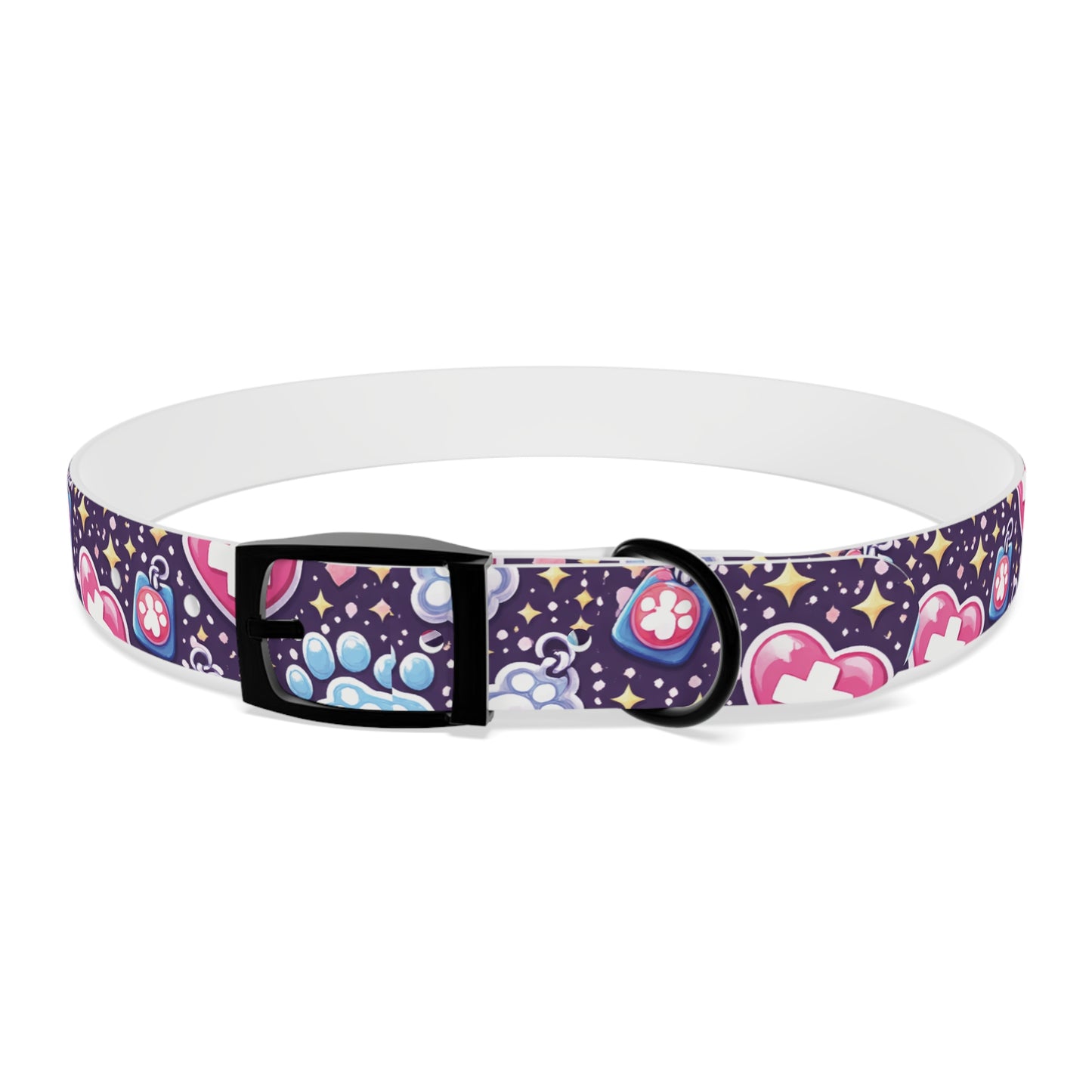Dog Collar — Cute Paw & Heart Patterned Pet Collar (Pink and Purple)
