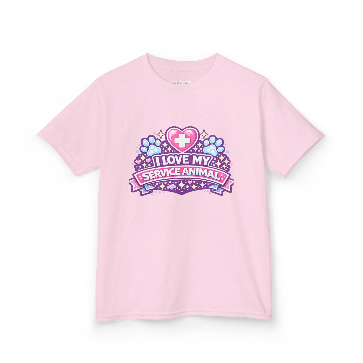 I Love My Service Animal Kid's Tee Shirt Cute Heart and Paw Print Design, Pink and Purple
