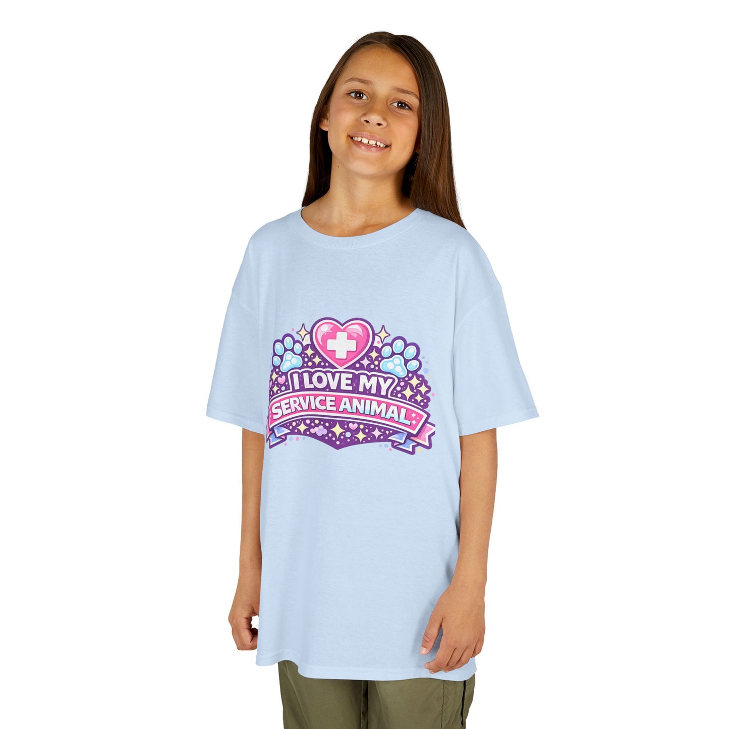 I Love My Service Animal Kid's Tee Shirt Cute Heart and Paw Print Design, Pink and Purple
