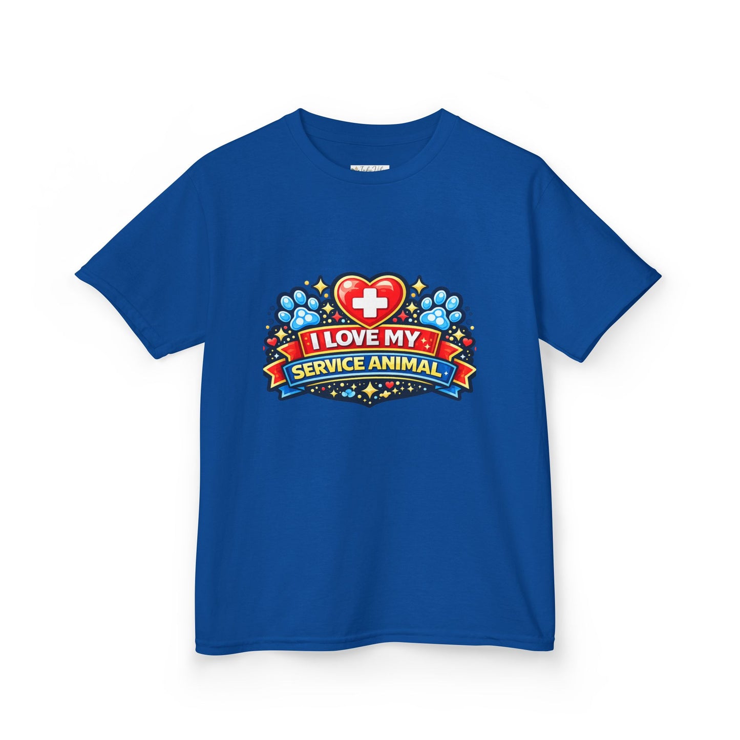 I Love My Service Animal Kid's Tee Shirt Cute Heart and Paw Print Design, Red and Blue