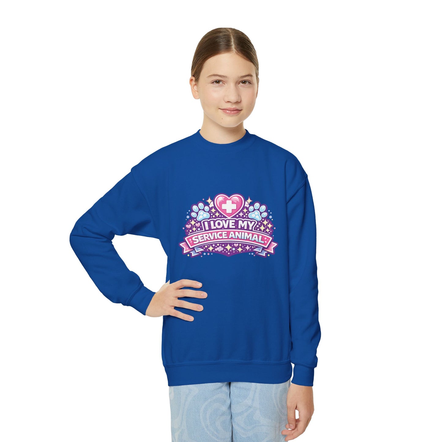 I Love My Service Animal, Youth Crewneck Sweatshirt, Matching, Pink and Purple