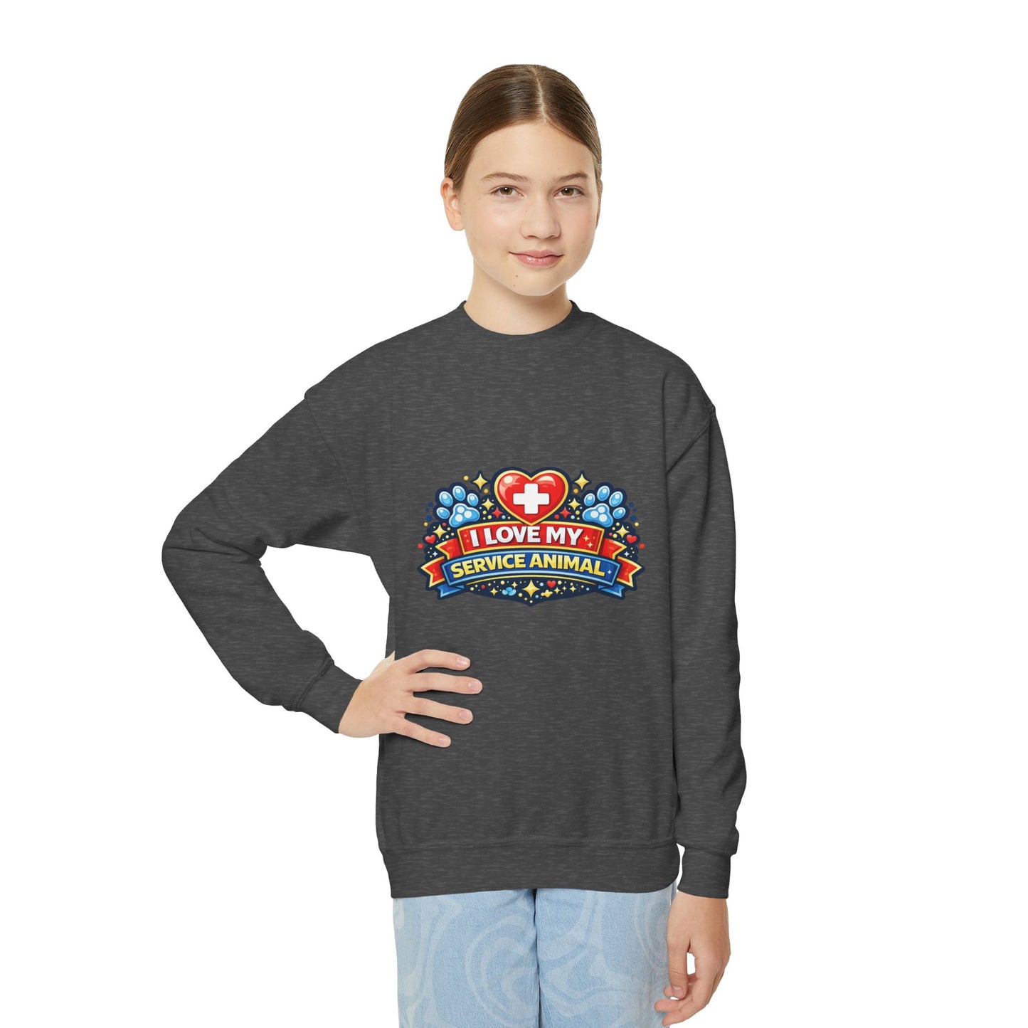 I Love My Service Animal, Youth Crewneck Sweatshirt, Matching, Red and Blue