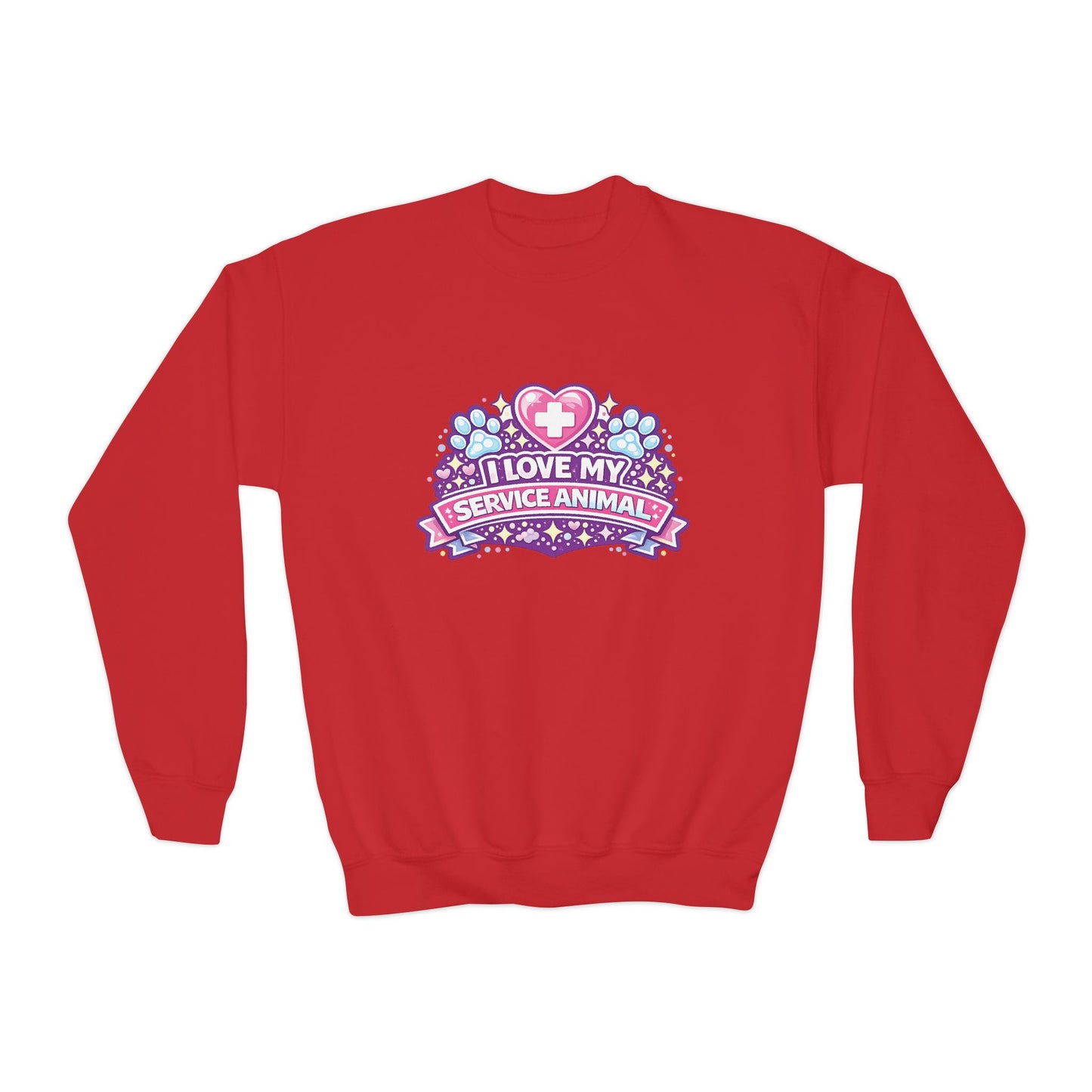 I Love My Service Animal, Youth Crewneck Sweatshirt, Matching, Pink and Purple