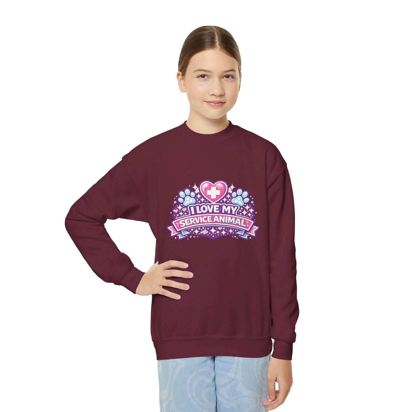 I Love My Service Animal, Youth Crewneck Sweatshirt, Matching, Pink and Purple
