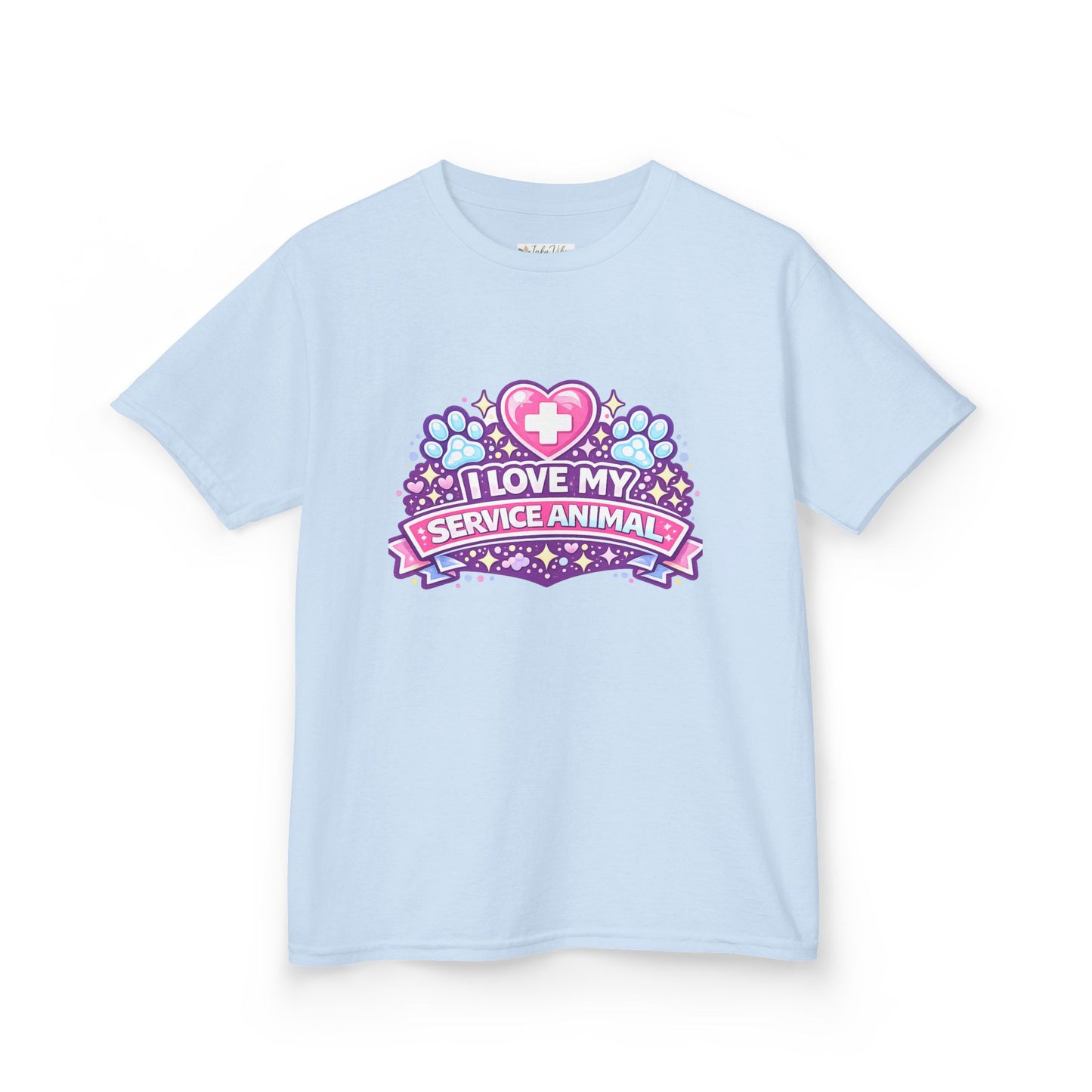 I Love My Service Animal Kid's Tee Shirt Cute Heart and Paw Print Design, Pink and Purple