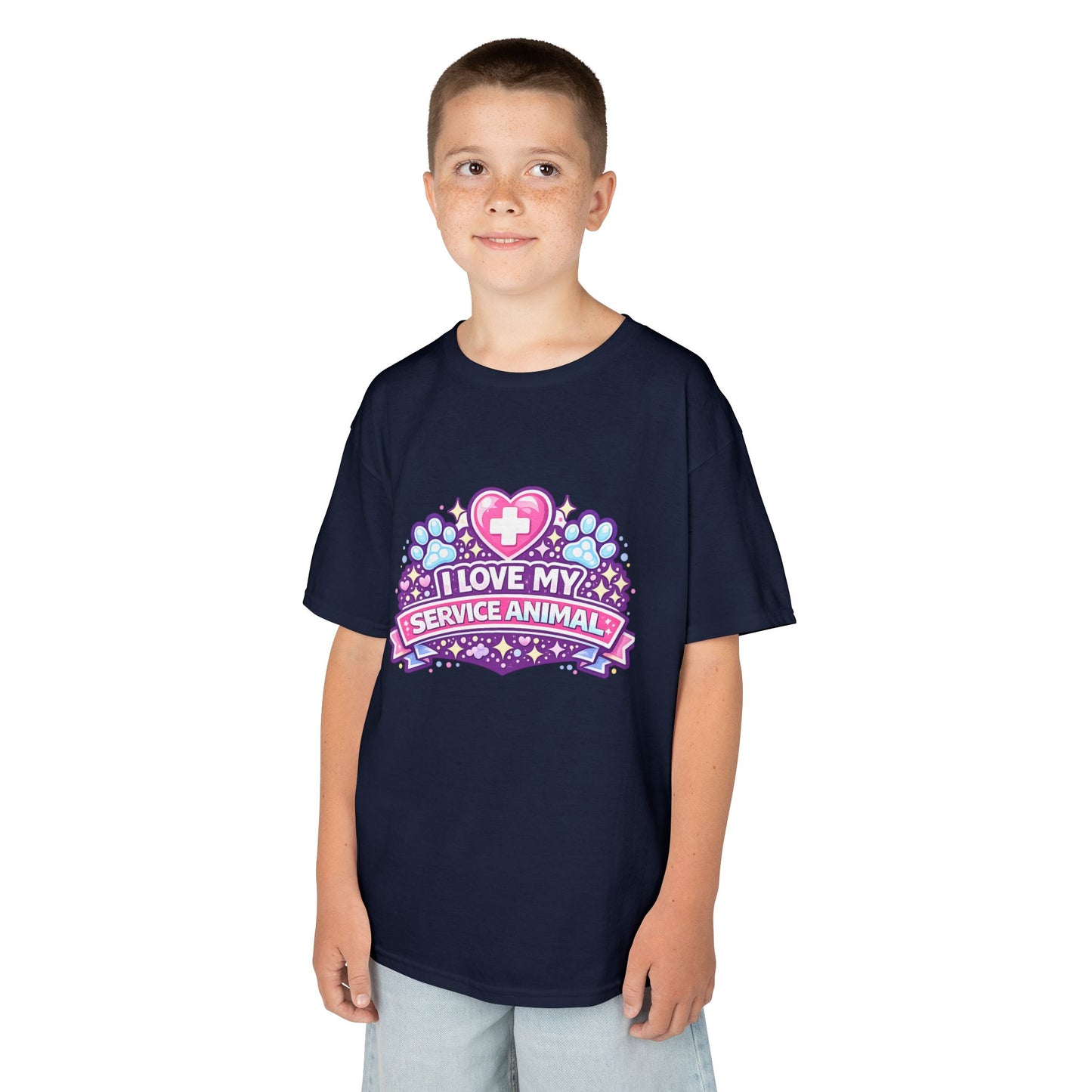 I Love My Service Animal Kid's Tee Shirt Cute Heart and Paw Print Design, Pink and Purple