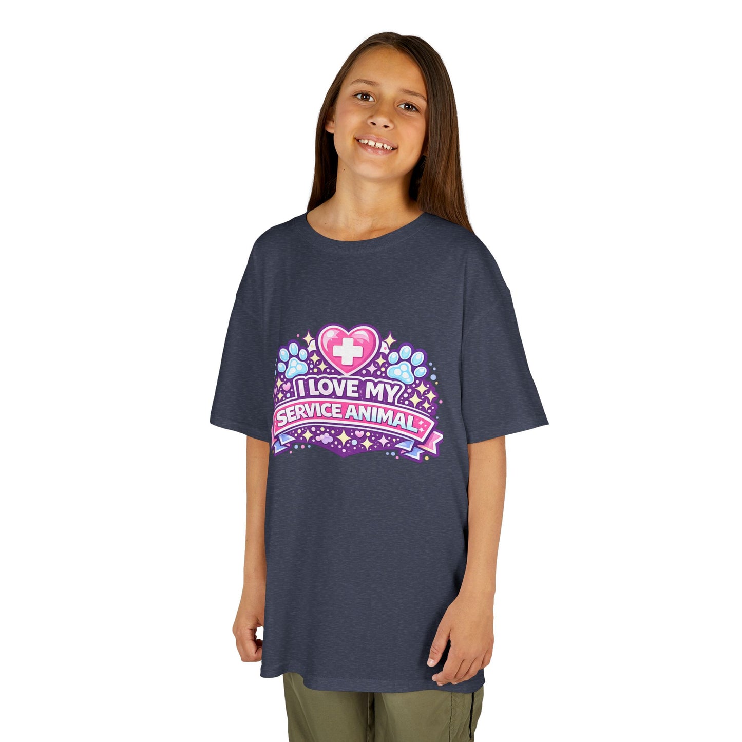 I Love My Service Animal Kid's Tee Shirt Cute Heart and Paw Print Design, Pink and Purple