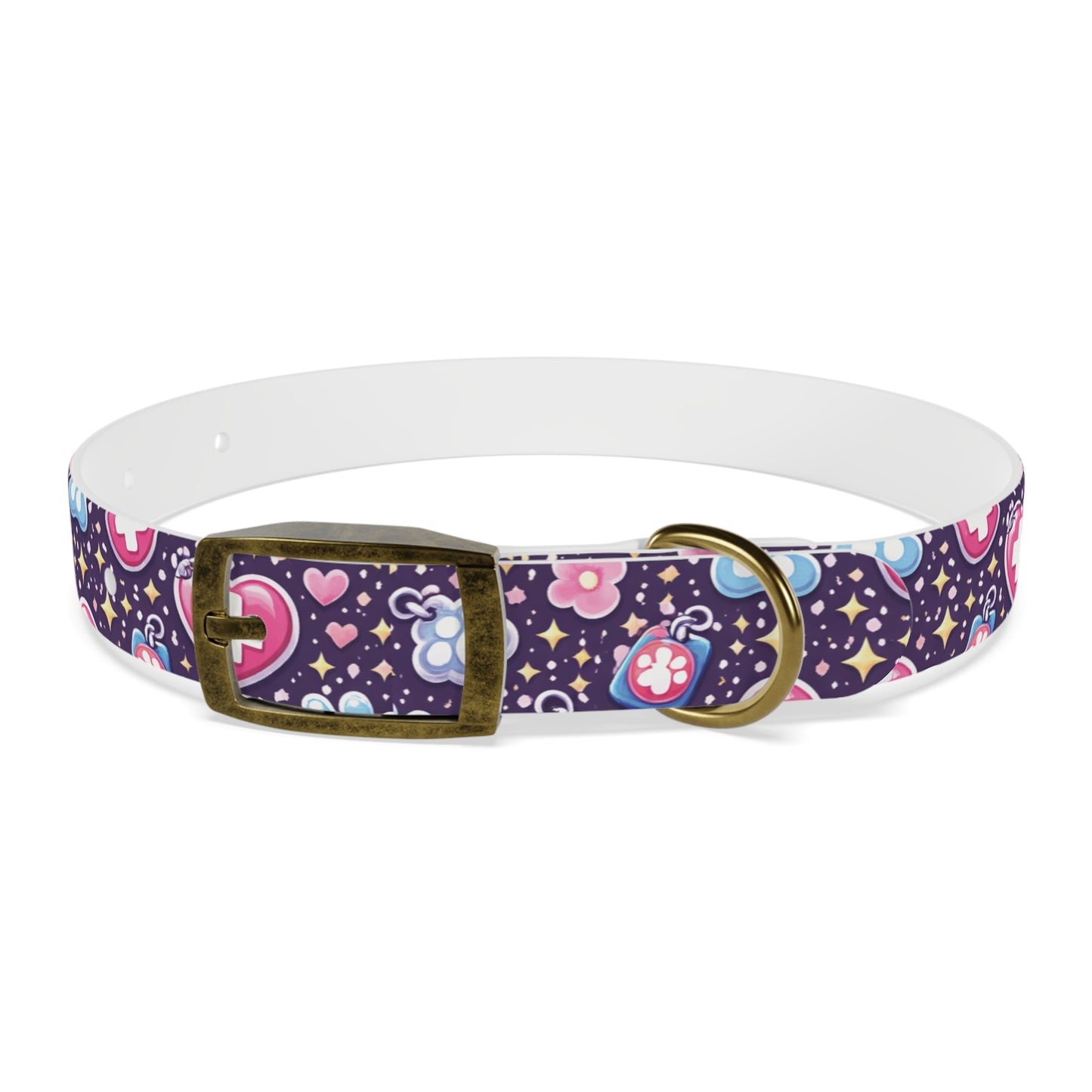 Dog Collar — Cute Paw & Heart Patterned Pet Collar (Pink and Purple)