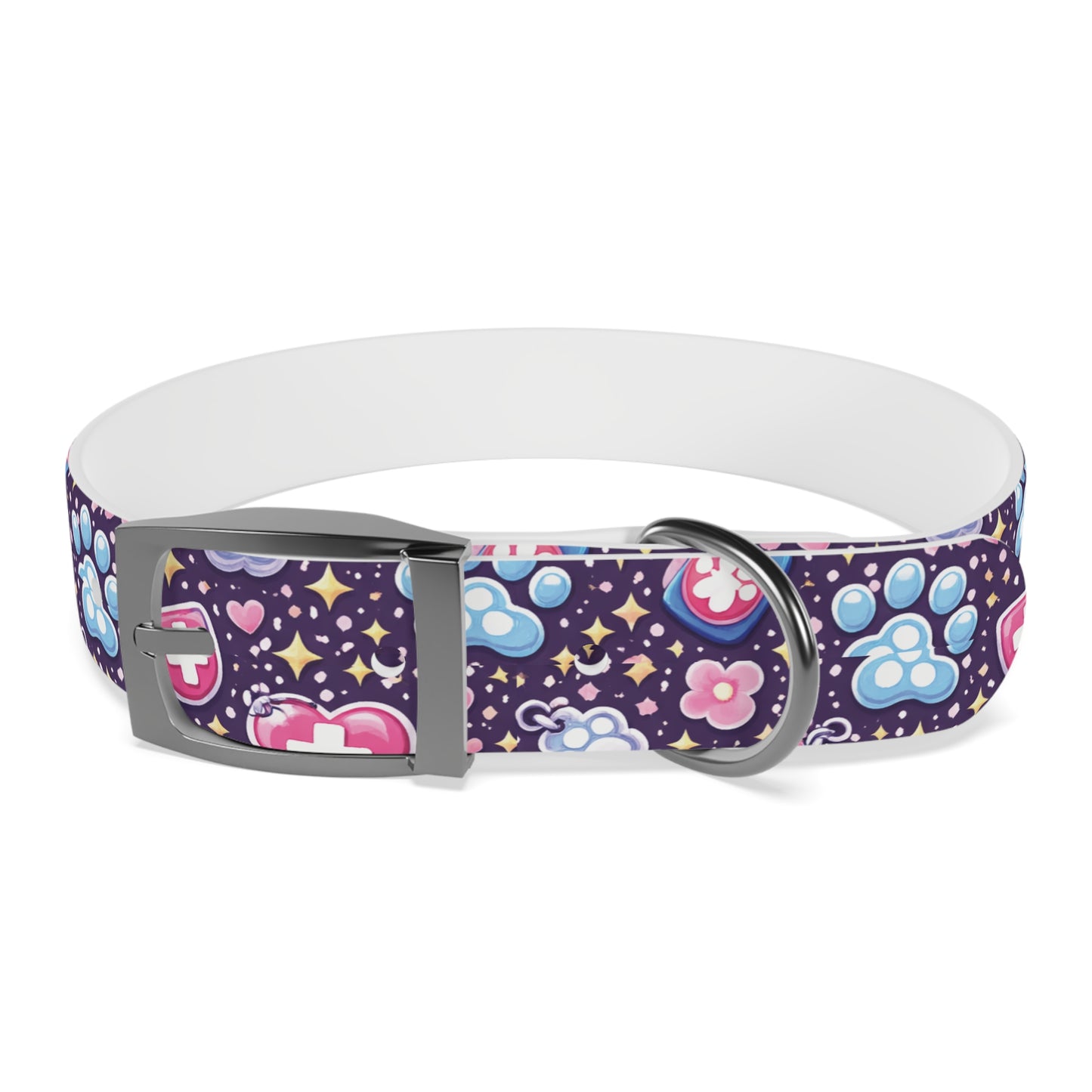 Dog Collar — Cute Paw & Heart Patterned Pet Collar (Pink and Purple)