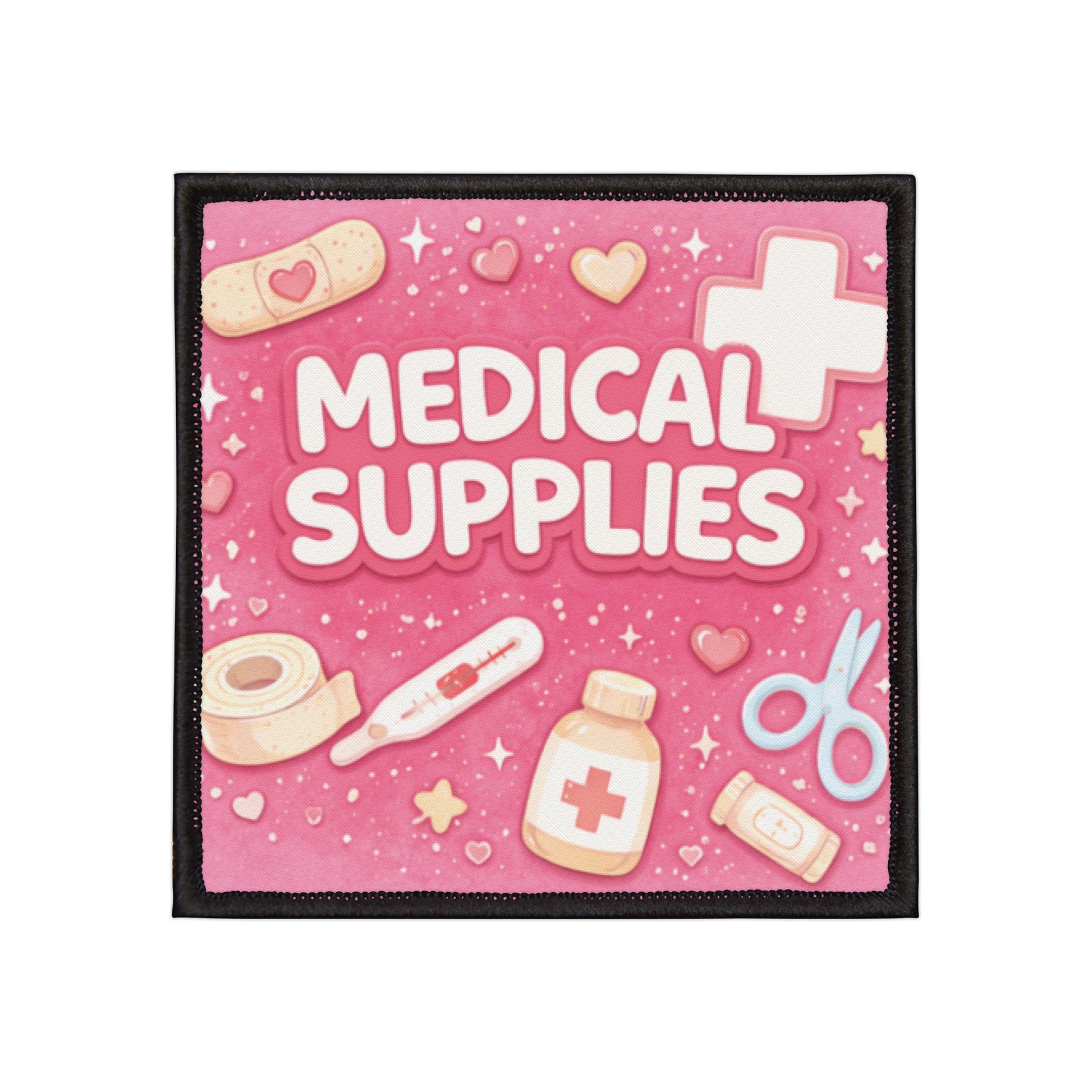 Patch with 'Medical Supplies' text and medical icons on a pink background