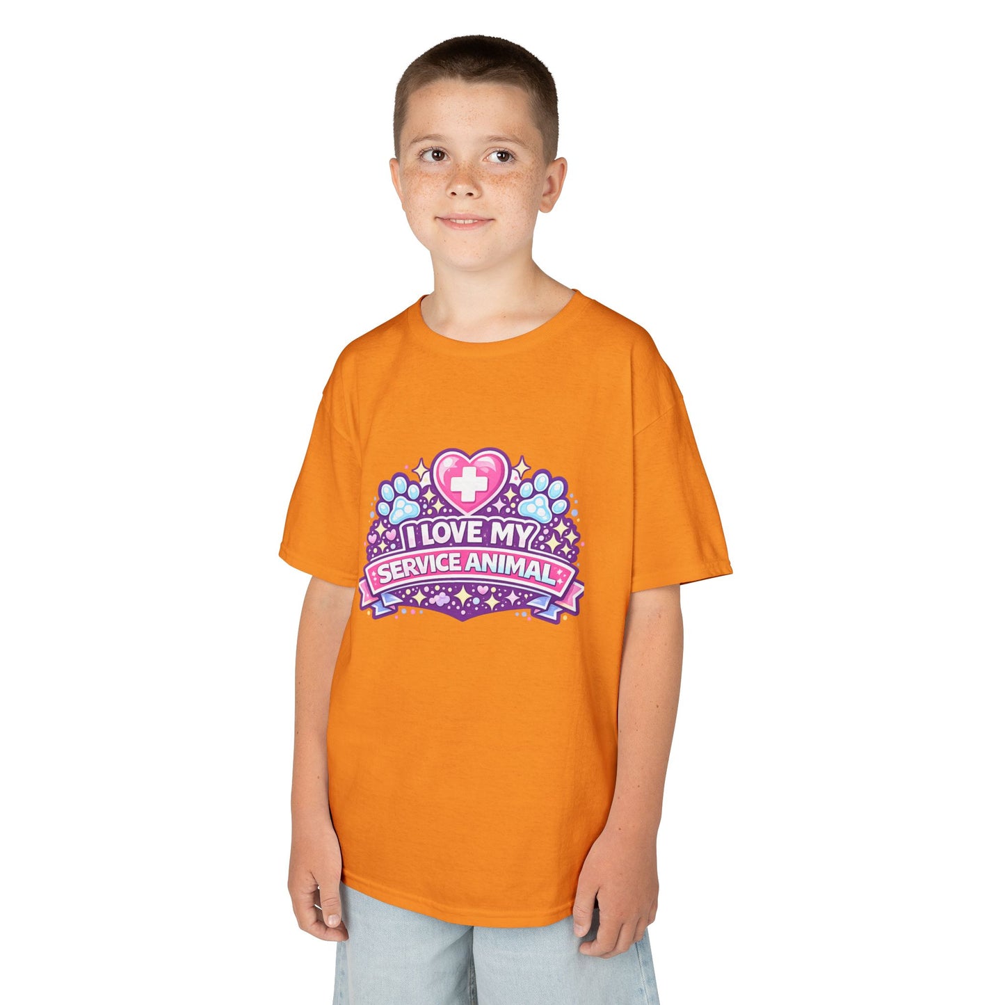 I Love My Service Animal Kid's Tee Shirt Cute Heart and Paw Print Design, Pink and Purple