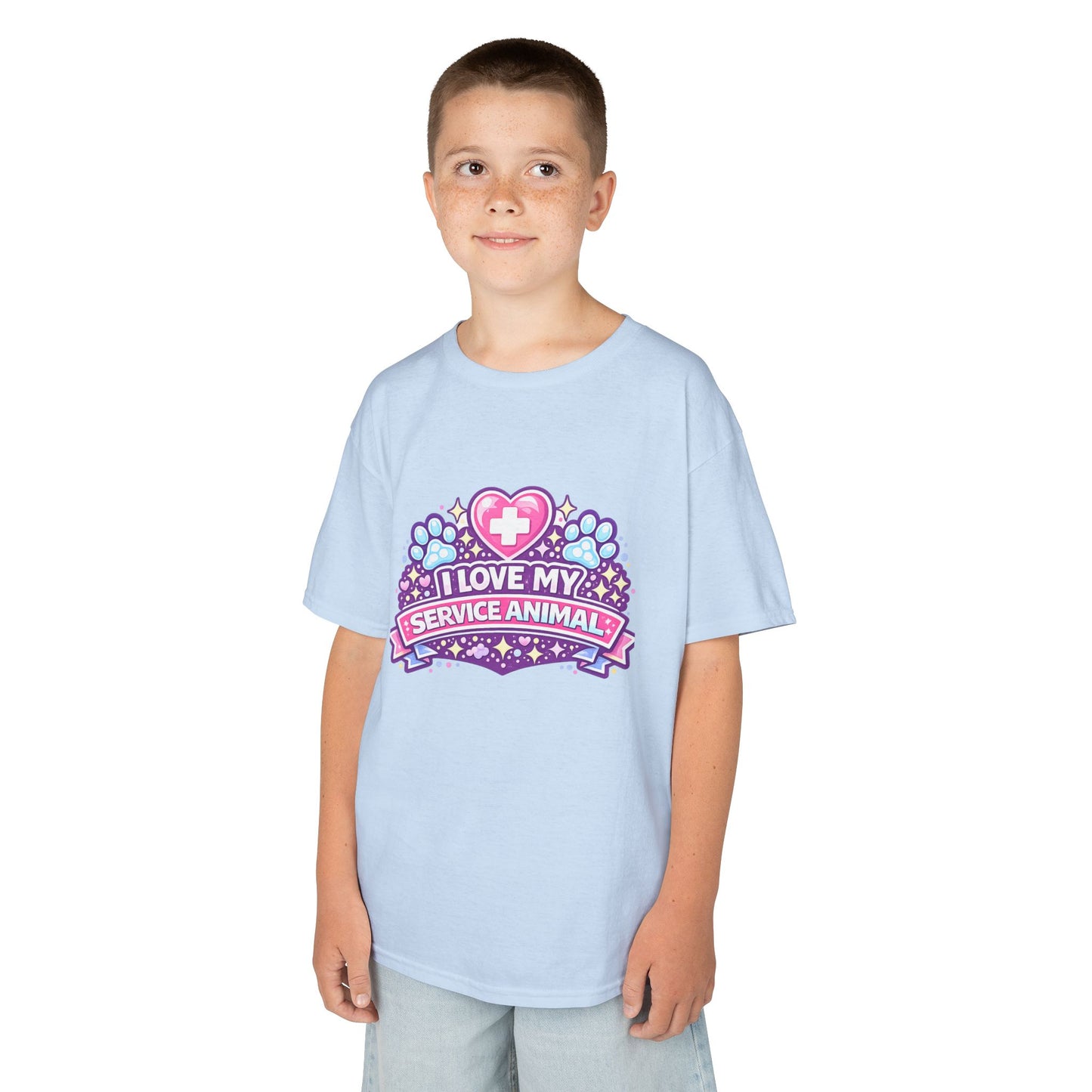 I Love My Service Animal Kid's Tee Shirt Cute Heart and Paw Print Design, Pink and Purple