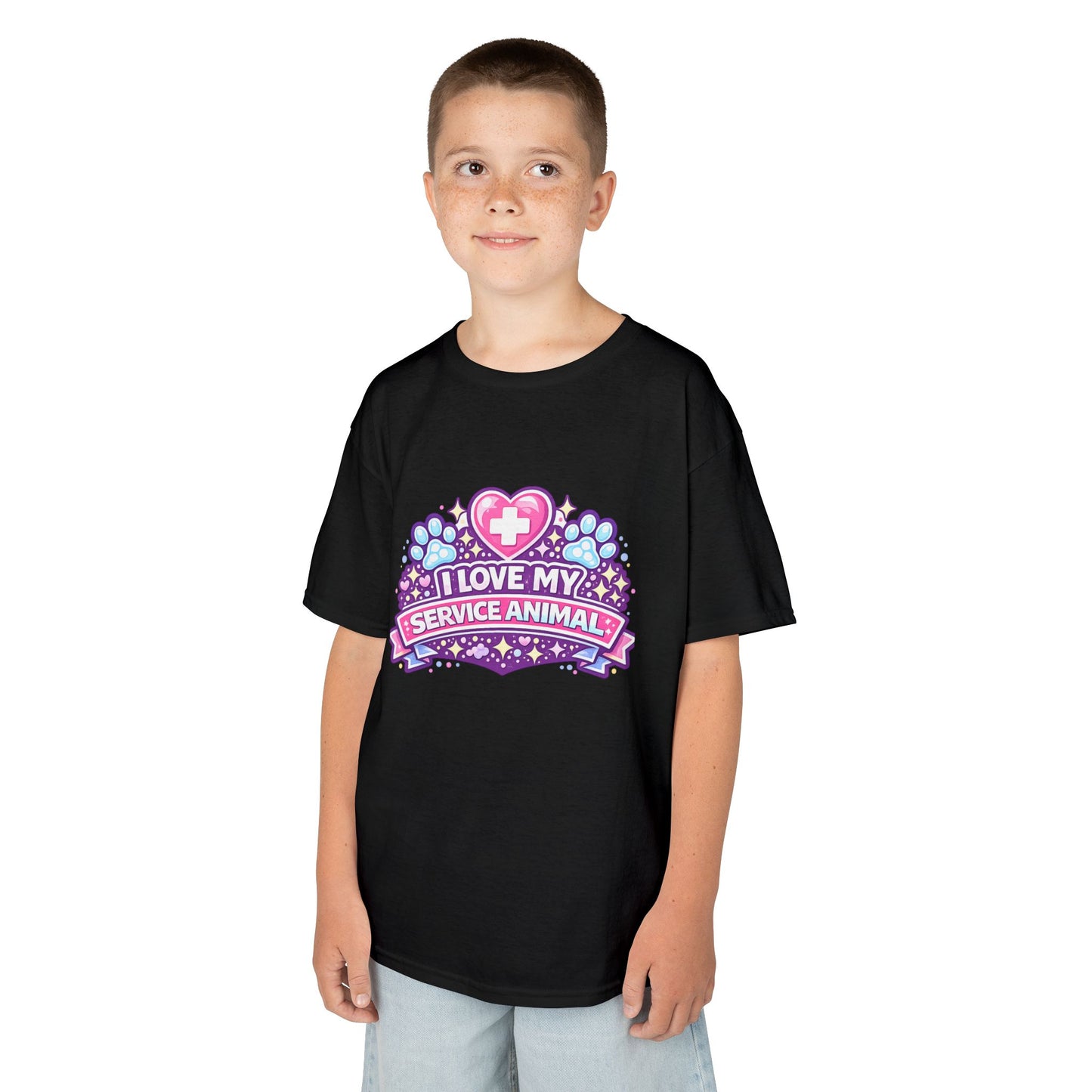 I Love My Service Animal Kid's Tee Shirt Cute Heart and Paw Print Design, Pink and Purple