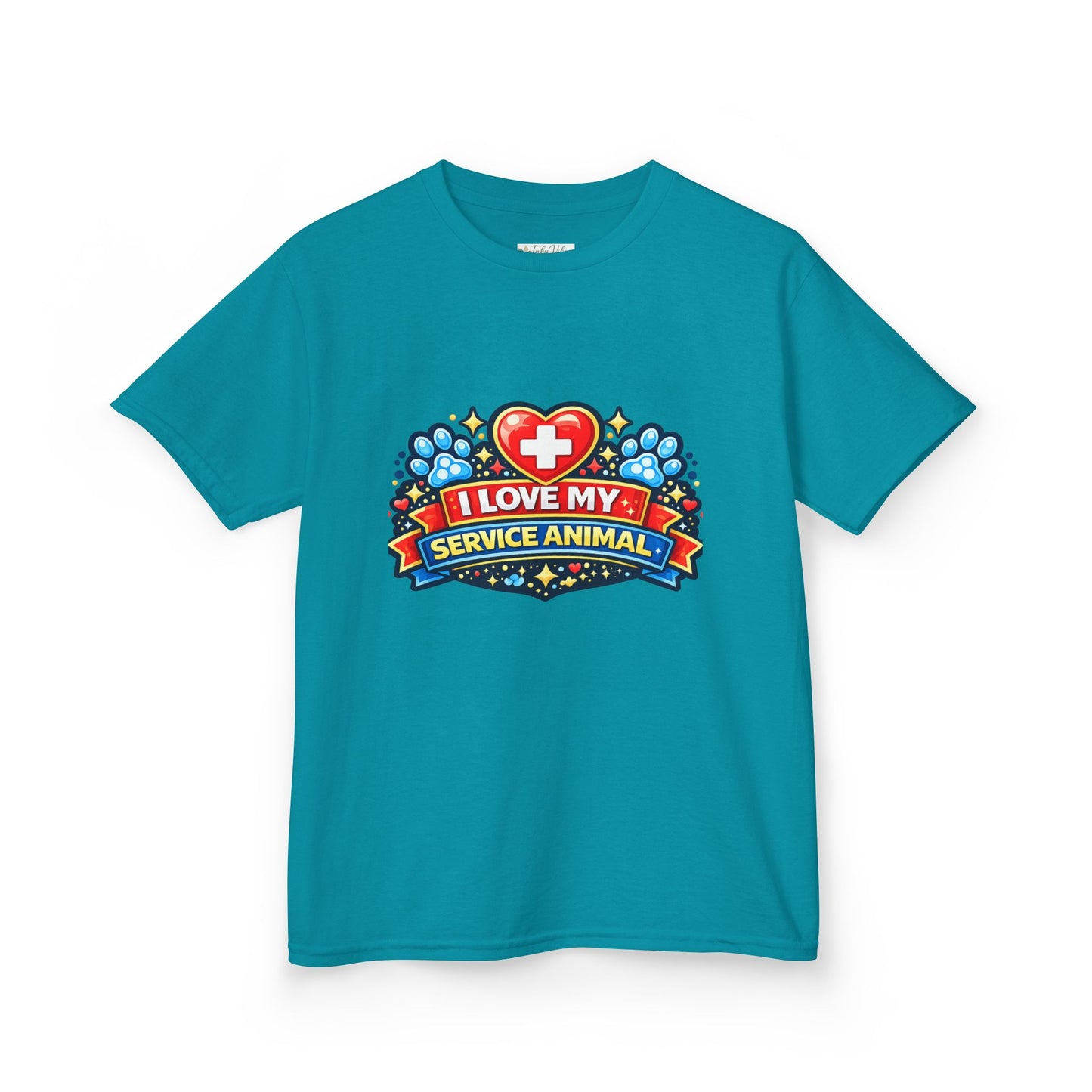I Love My Service Animal Kid's Tee Shirt Cute Heart and Paw Print Design, Red and Blue