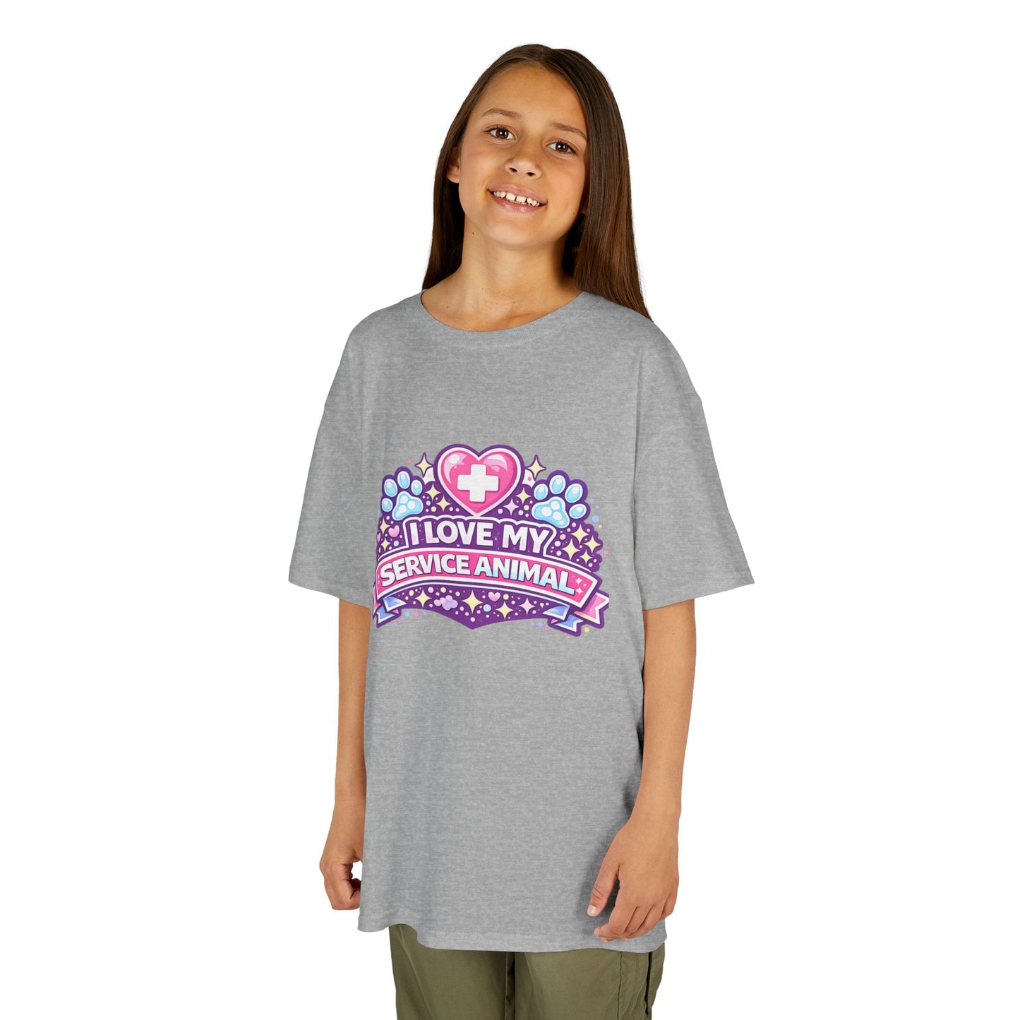 I Love My Service Animal Kid's Tee Shirt Cute Heart and Paw Print Design, Pink and Purple