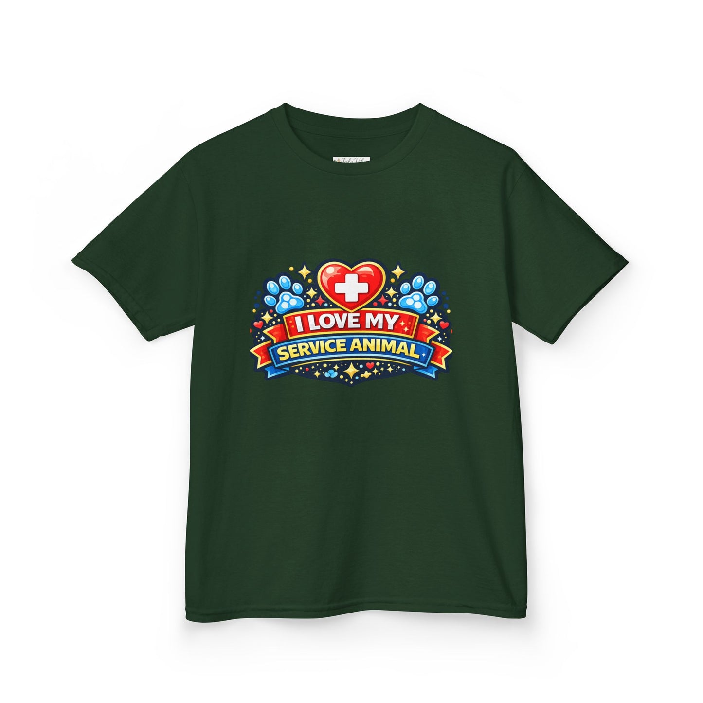 I Love My Service Animal Kid's Tee Shirt Cute Heart and Paw Print Design, Red and Blue