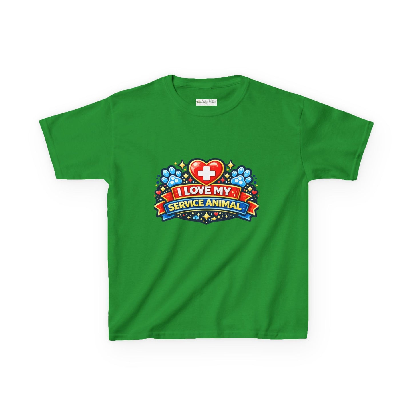 I Love My Service Animal Kid's Tee Shirt Cute Heart and Paw Print Design, Red and Blue