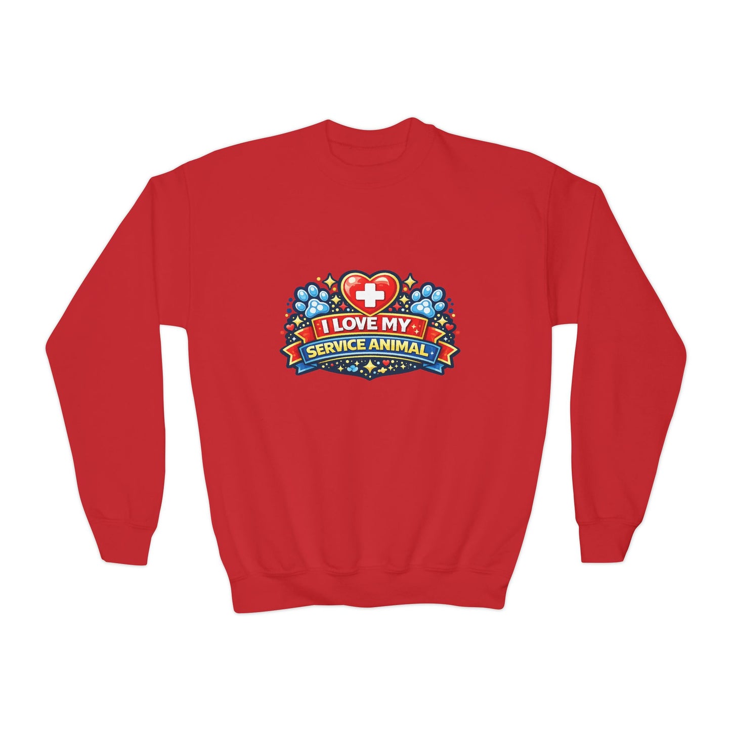 I Love My Service Animal, Youth Crewneck Sweatshirt, Matching, Red and Blue