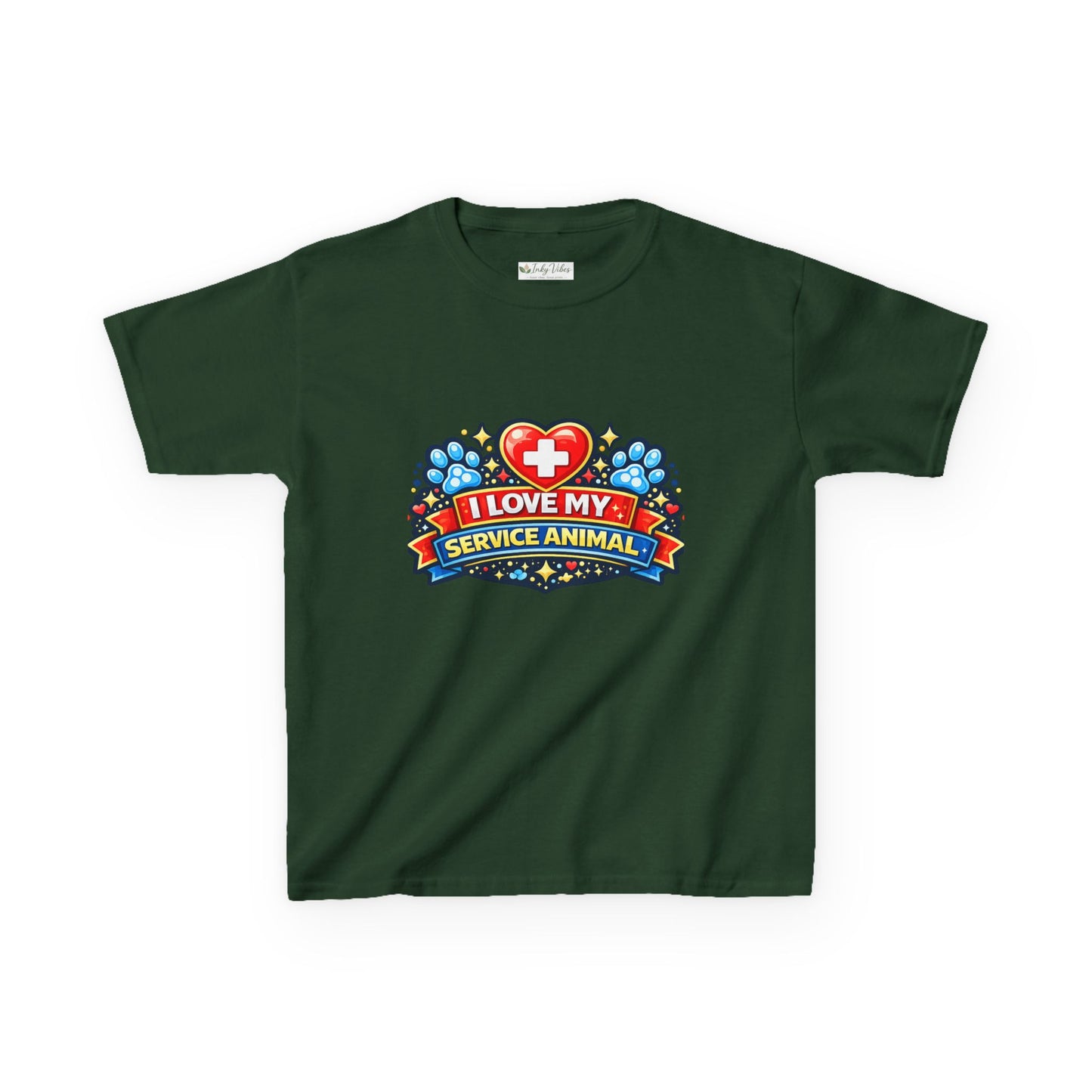 I Love My Service Animal Kid's Tee Shirt Cute Heart and Paw Print Design, Red and Blue
