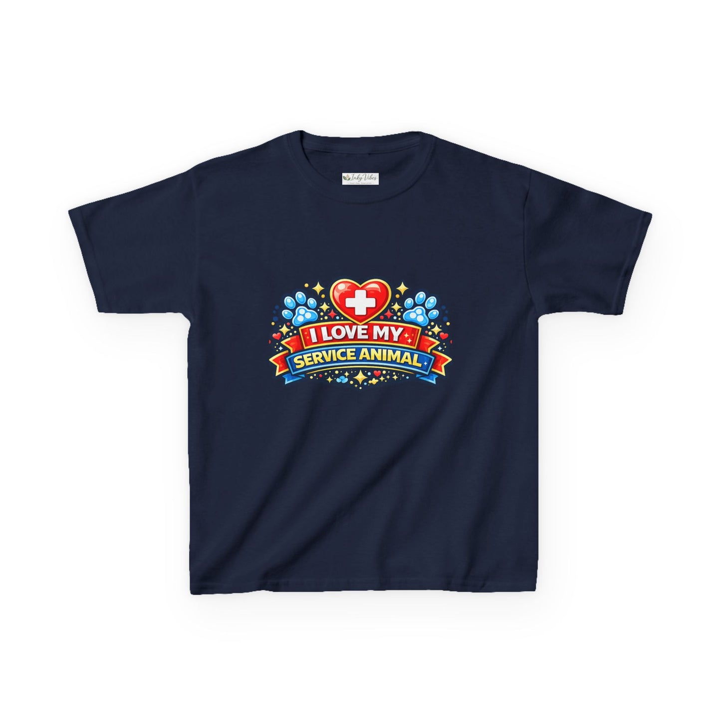 I Love My Service Animal Kid's Tee Shirt Cute Heart and Paw Print Design, Red and Blue