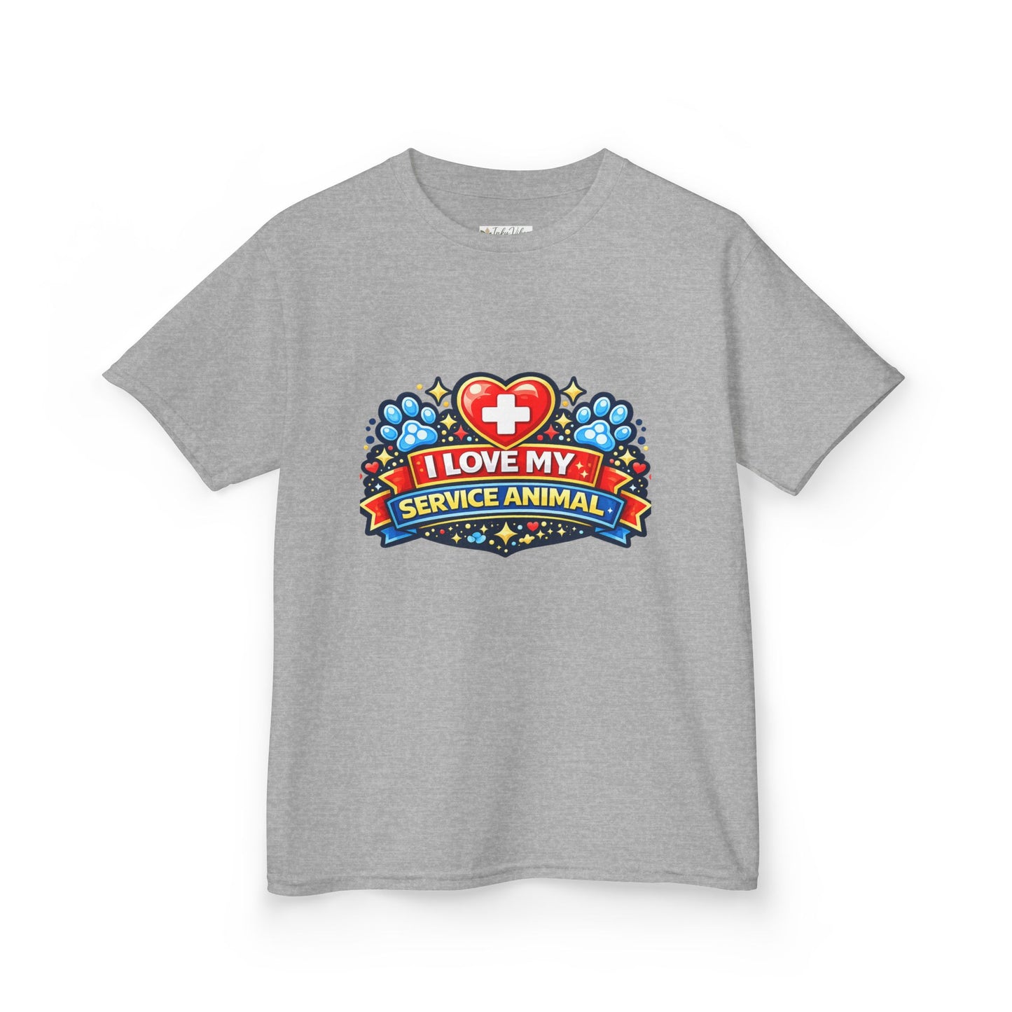 I Love My Service Animal Kid's Tee Shirt Cute Heart and Paw Print Design, Red and Blue