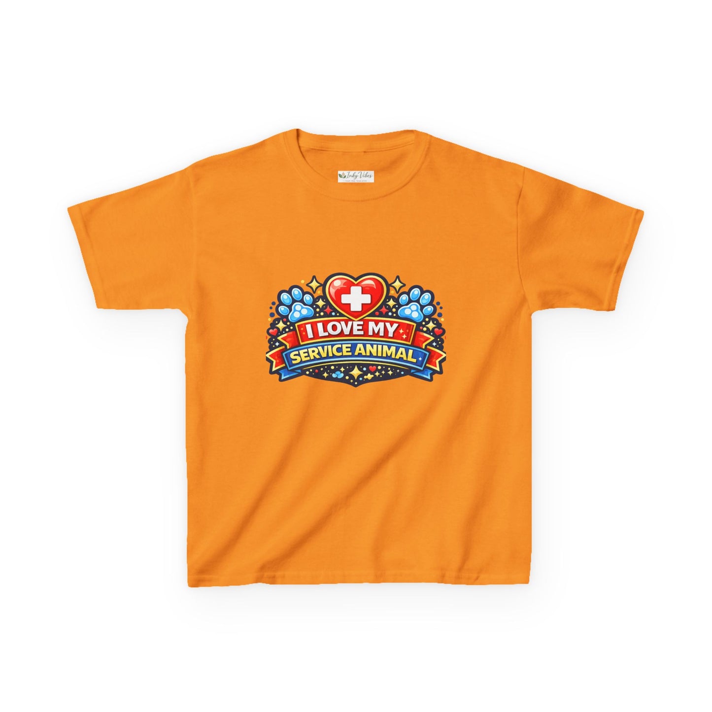 I Love My Service Animal Kid's Tee Shirt Cute Heart and Paw Print Design, Red and Blue