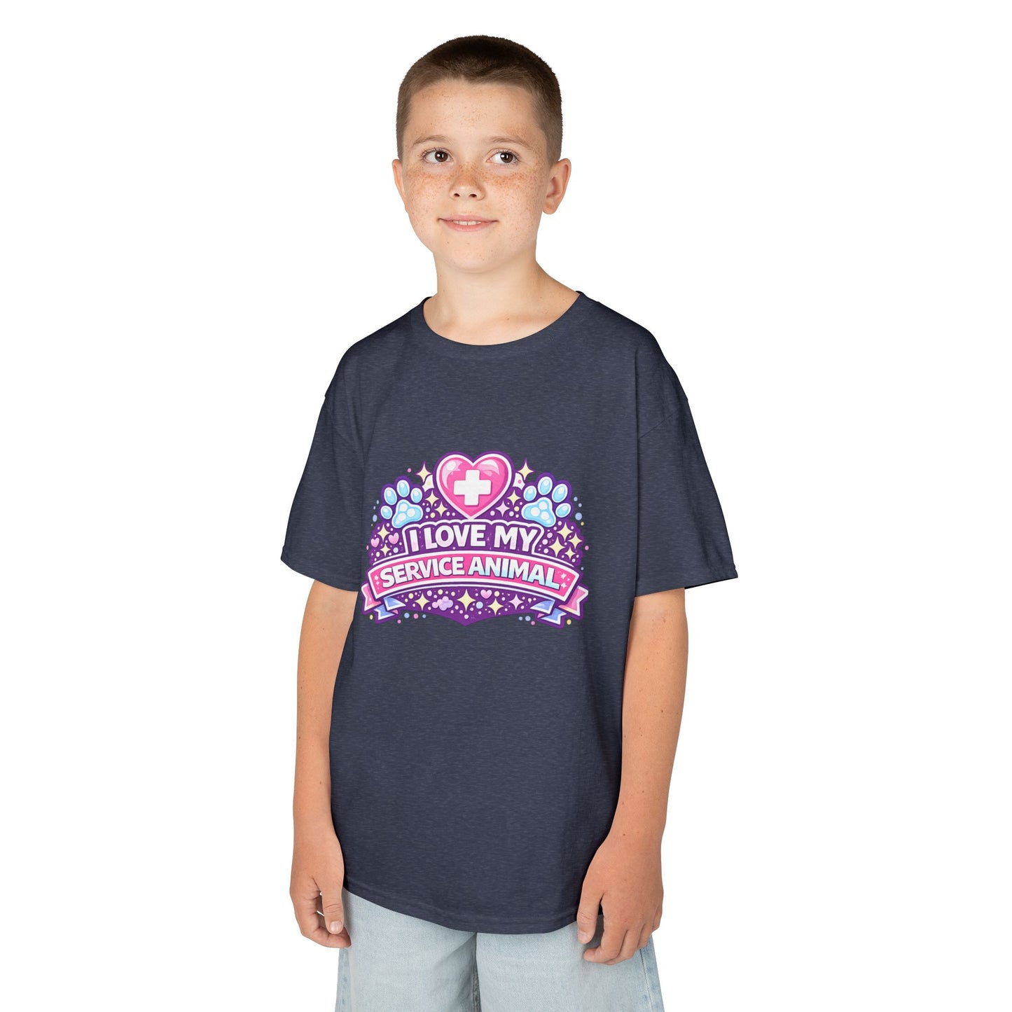 I Love My Service Animal Kid's Tee Shirt Cute Heart and Paw Print Design, Pink and Purple
