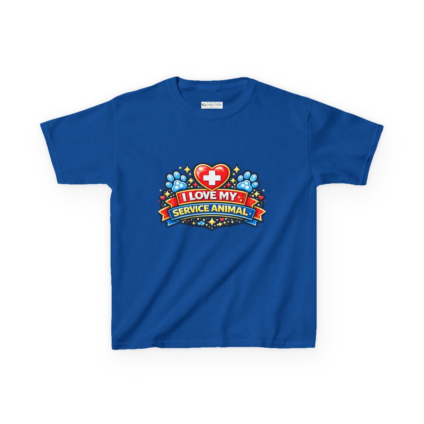 I Love My Service Animal Kid's Tee Shirt Cute Heart and Paw Print Design, Red and Blue