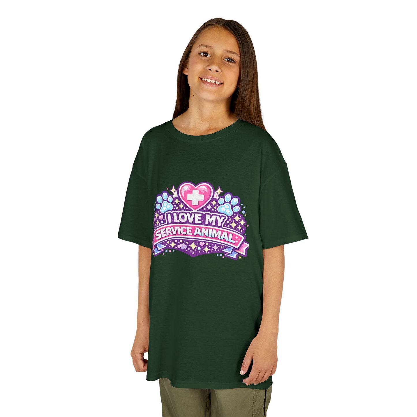 I Love My Service Animal Kid's Tee Shirt Cute Heart and Paw Print Design, Pink and Purple