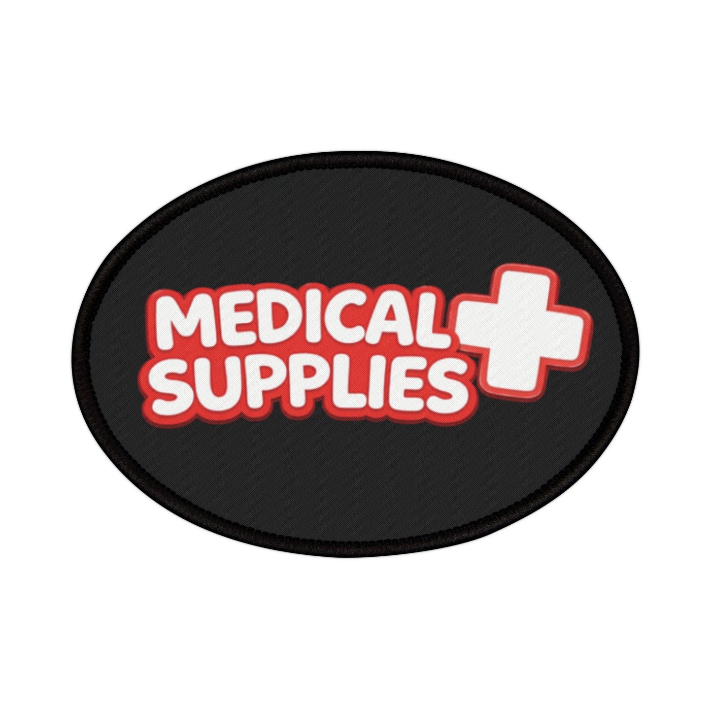 Black oval patch with 'Medical Supplies' text and a cross symbol on a white background