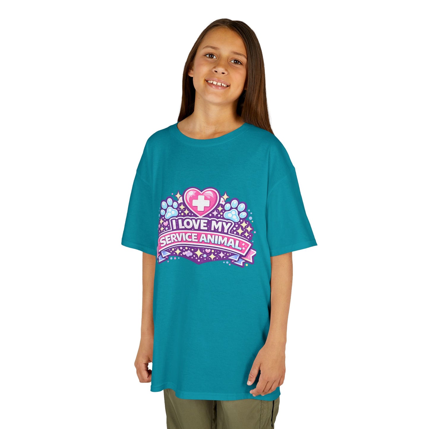 I Love My Service Animal Kid's Tee Shirt Cute Heart and Paw Print Design, Pink and Purple