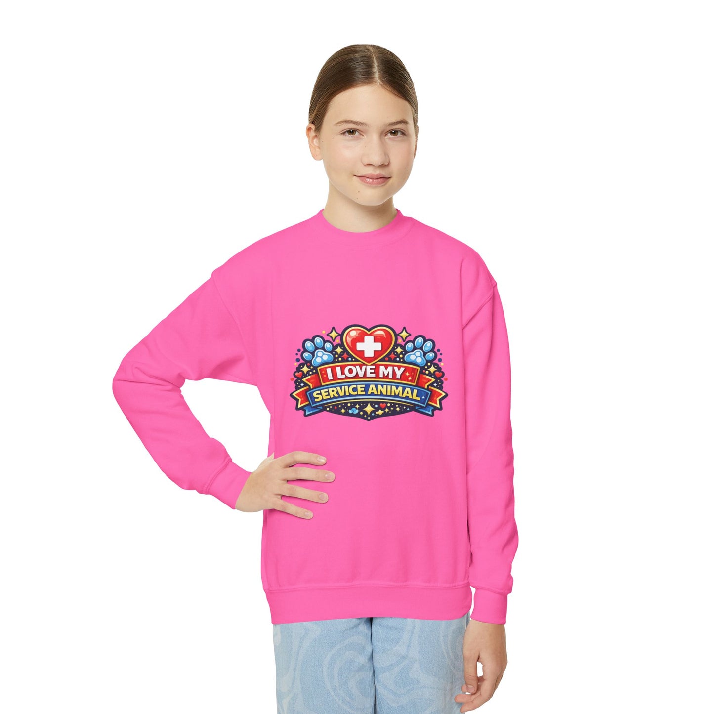 I Love My Service Animal, Youth Crewneck Sweatshirt, Matching, Red and Blue
