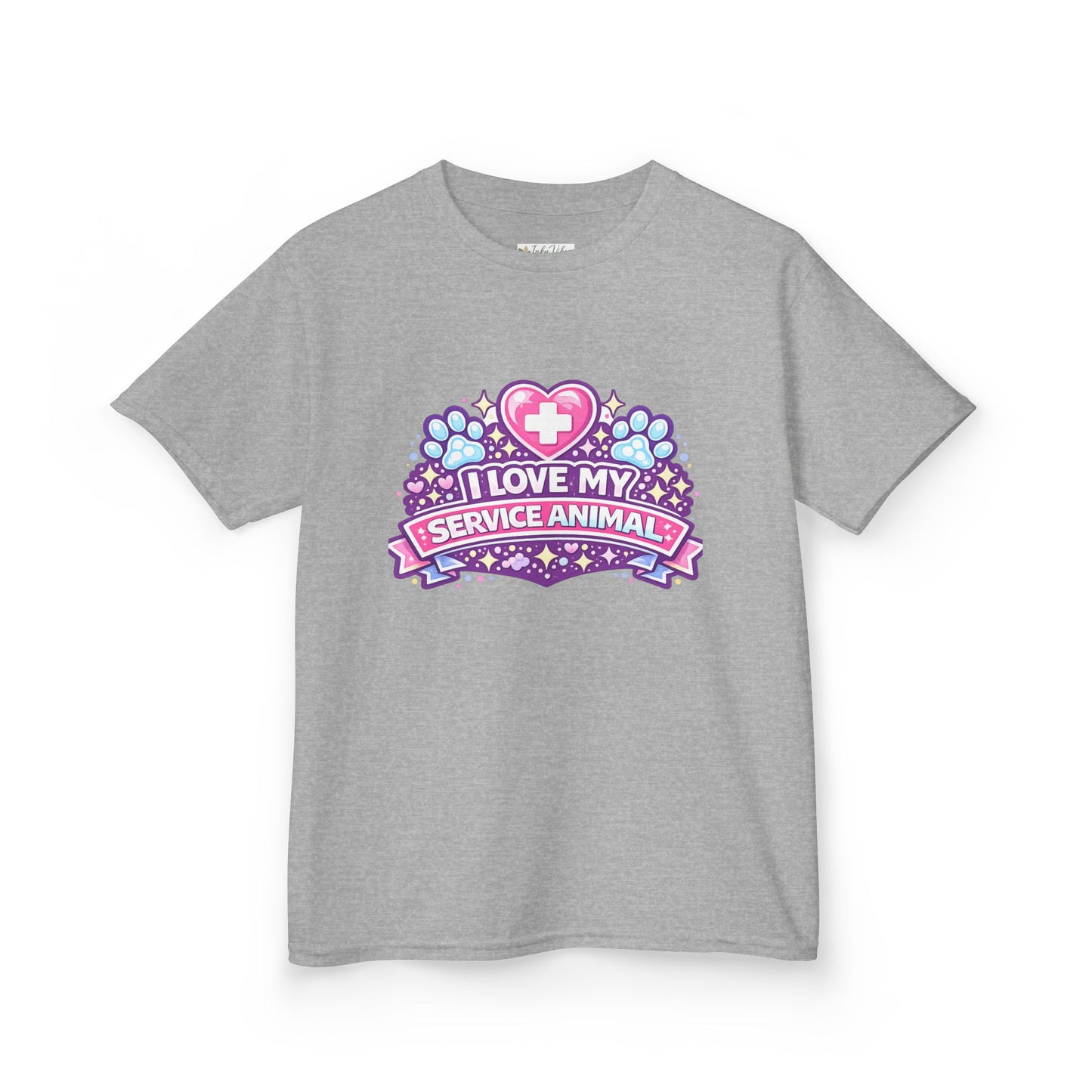I Love My Service Animal Kid's Tee Shirt Cute Heart and Paw Print Design, Pink and Purple