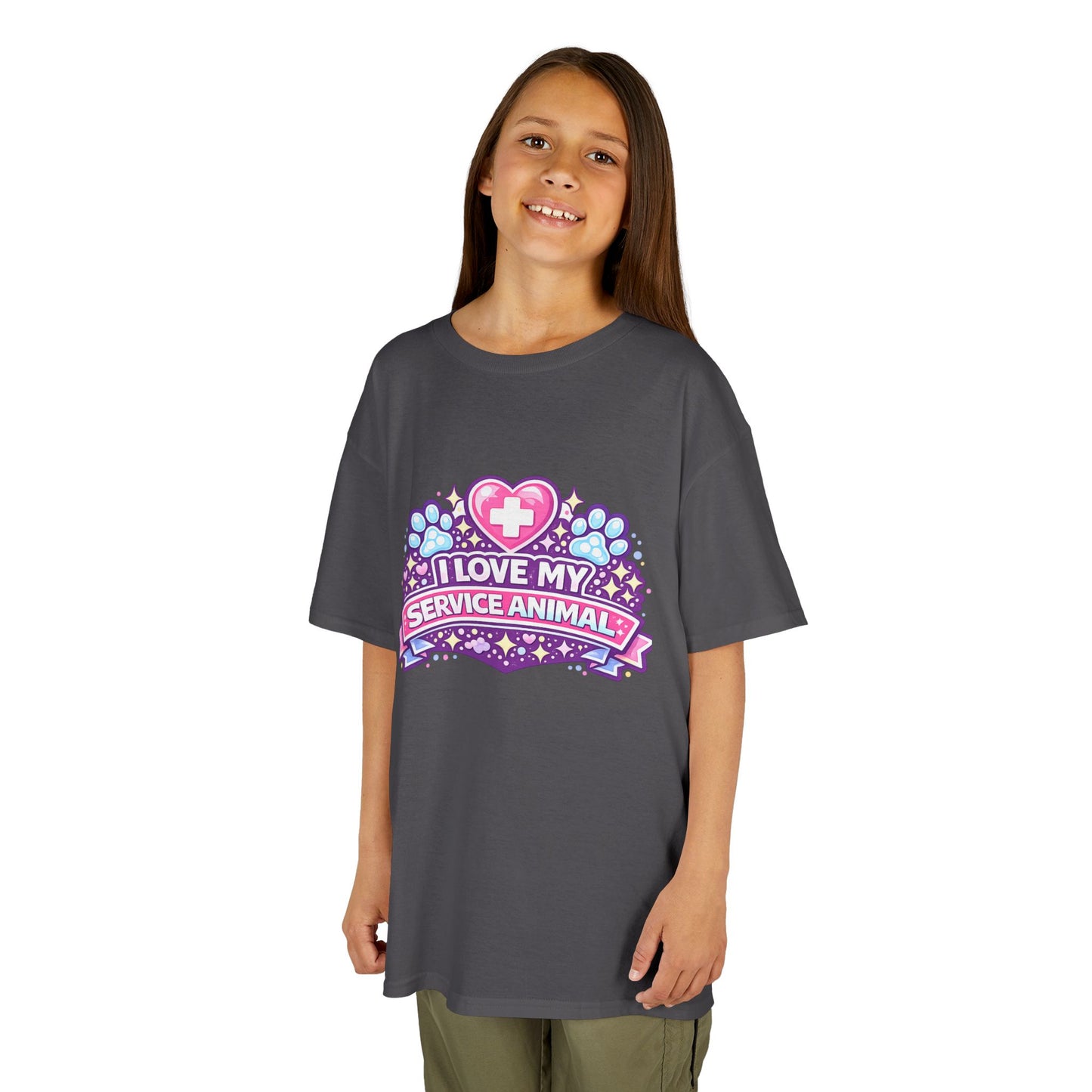 I Love My Service Animal Kid's Tee Shirt Cute Heart and Paw Print Design, Pink and Purple