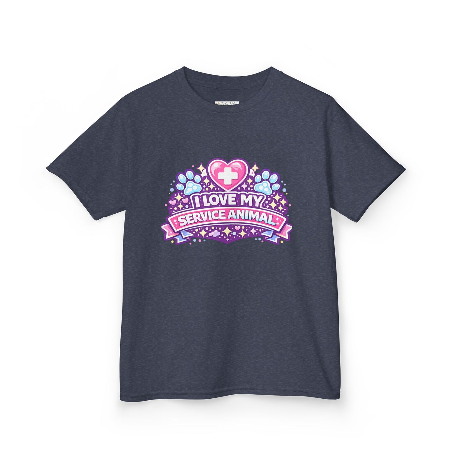 I Love My Service Animal Kid's Tee Shirt Cute Heart and Paw Print Design, Pink and Purple