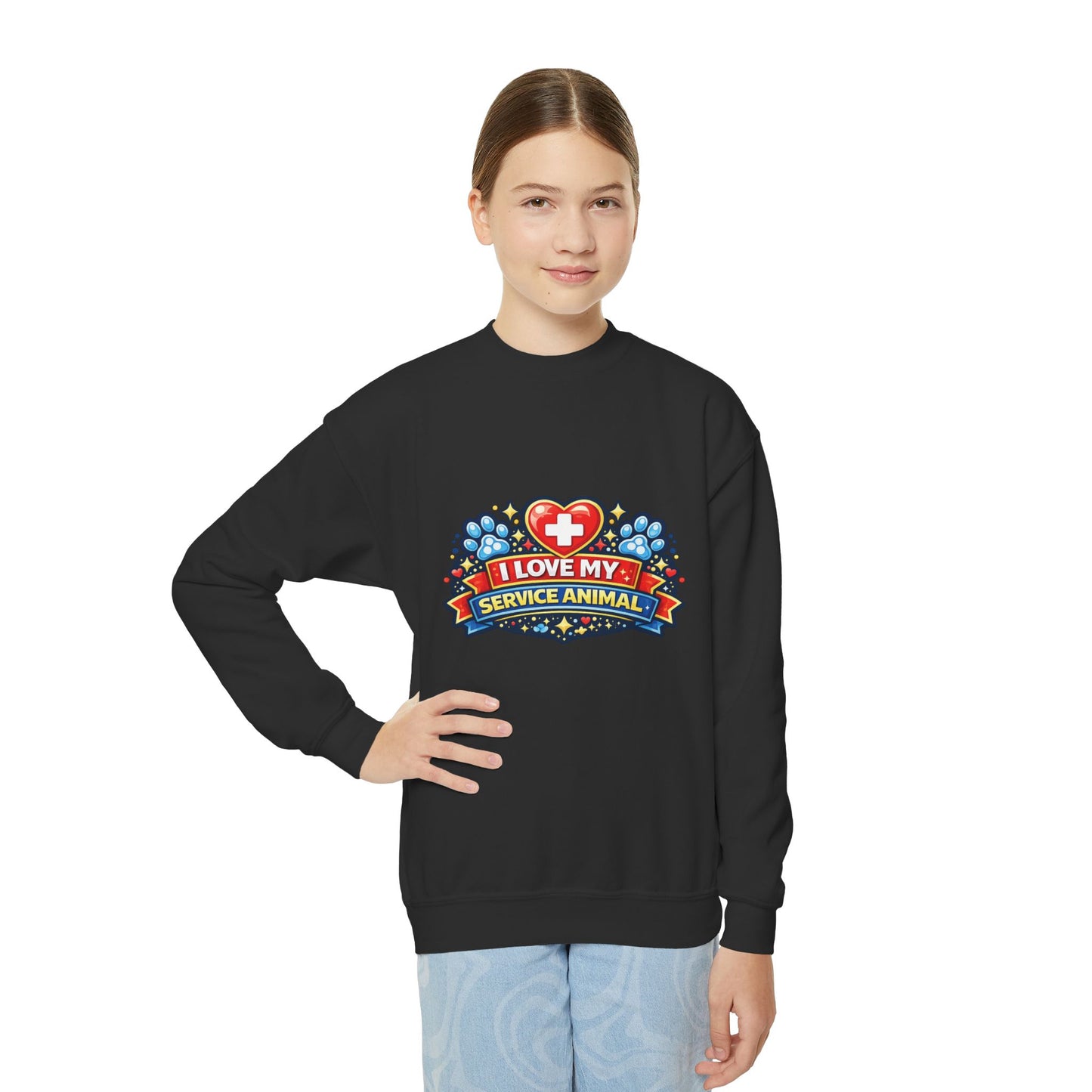 I Love My Service Animal, Youth Crewneck Sweatshirt, Matching, Red and Blue