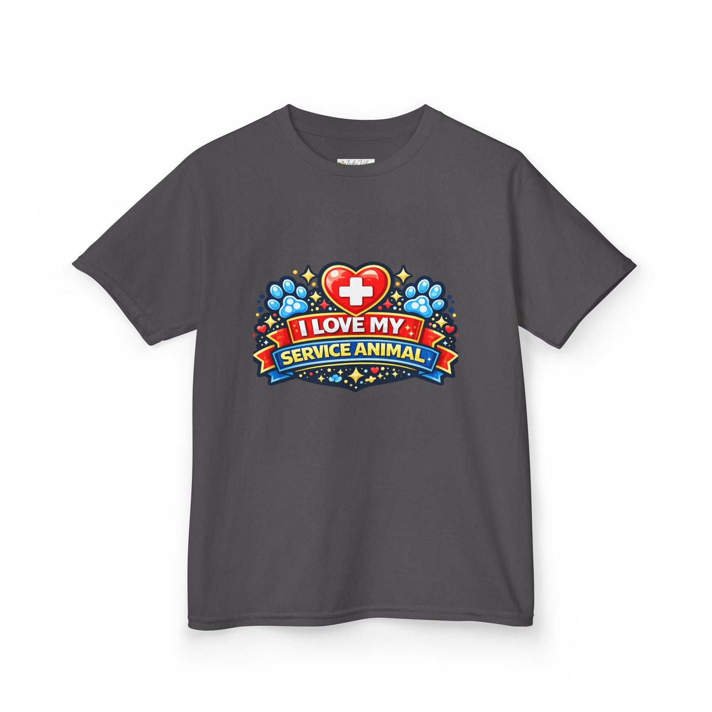I Love My Service Animal Kid's Tee Shirt Cute Heart and Paw Print Design, Red and Blue
