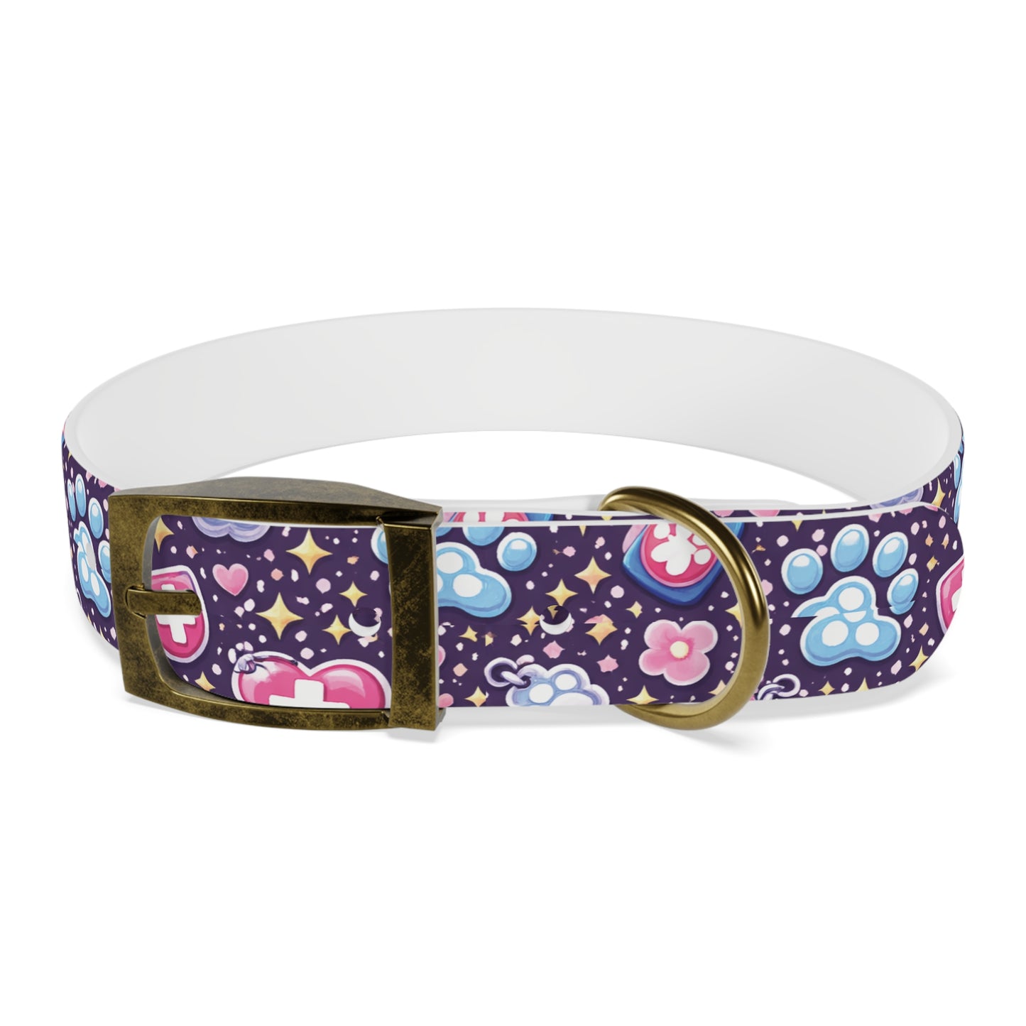 Dog Collar — Cute Paw & Heart Patterned Pet Collar (Pink and Purple)