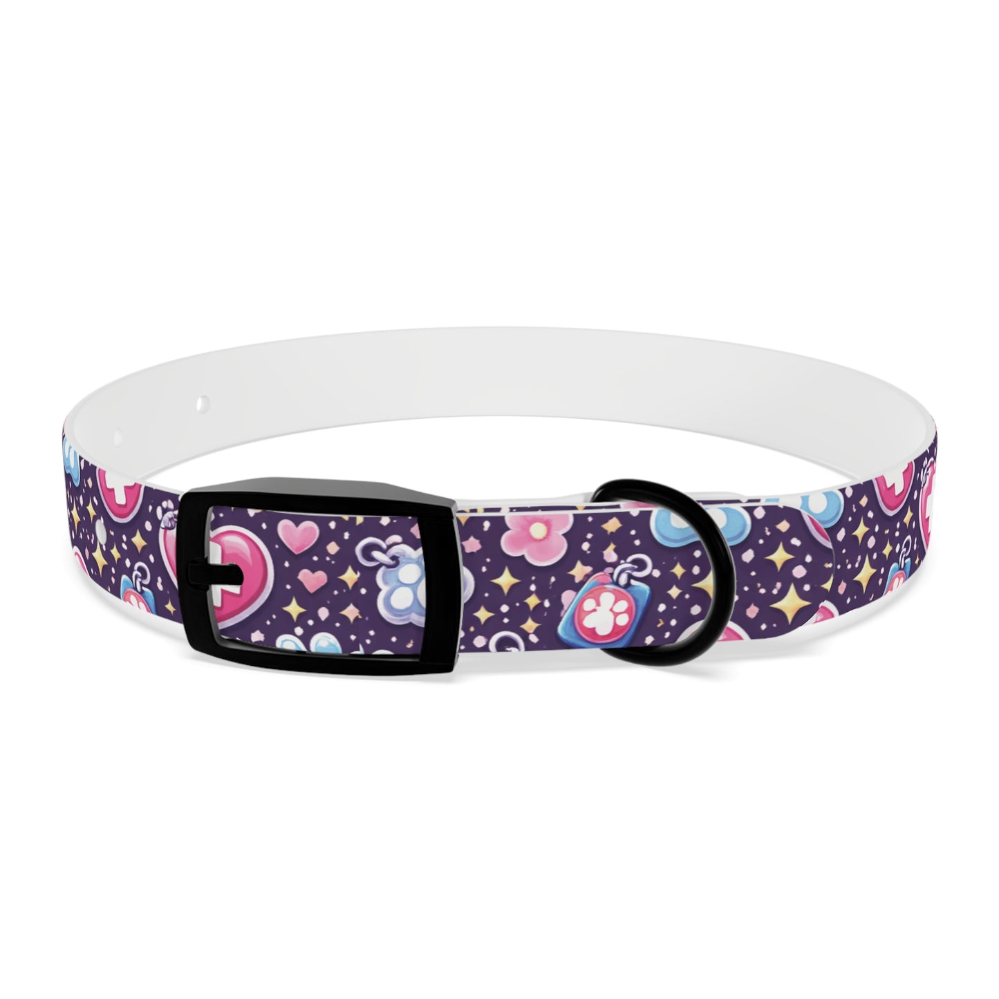 Dog Collar — Cute Paw & Heart Patterned Pet Collar (Pink and Purple)