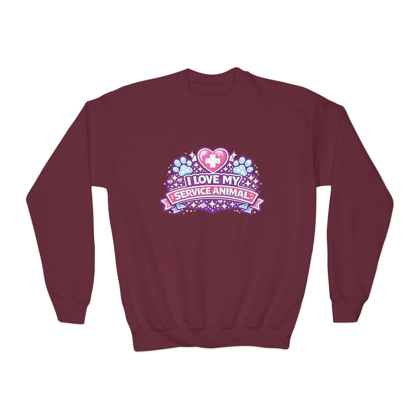 I Love My Service Animal, Youth Crewneck Sweatshirt, Matching, Pink and Purple