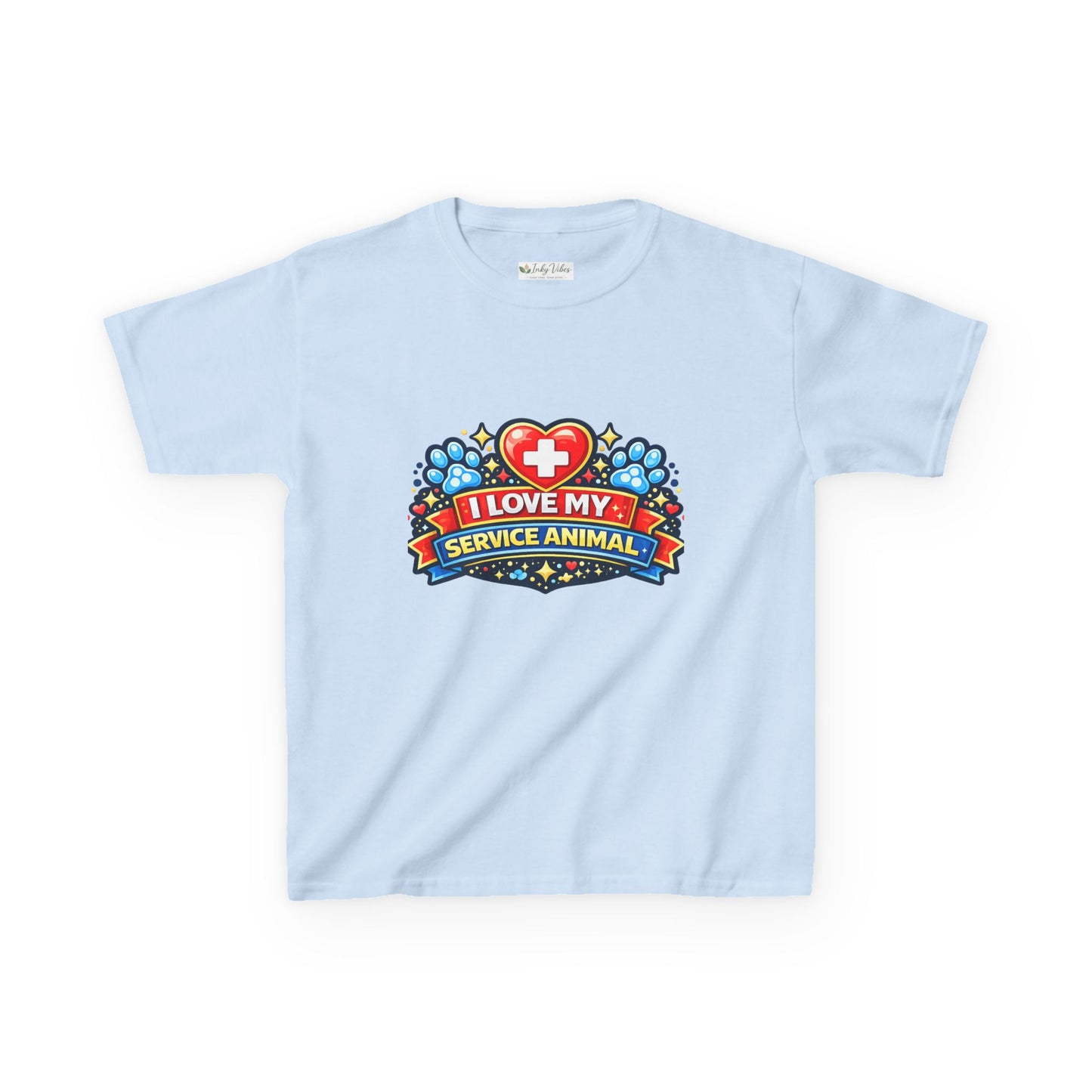 I Love My Service Animal Kid's Tee Shirt Cute Heart and Paw Print Design, Red and Blue