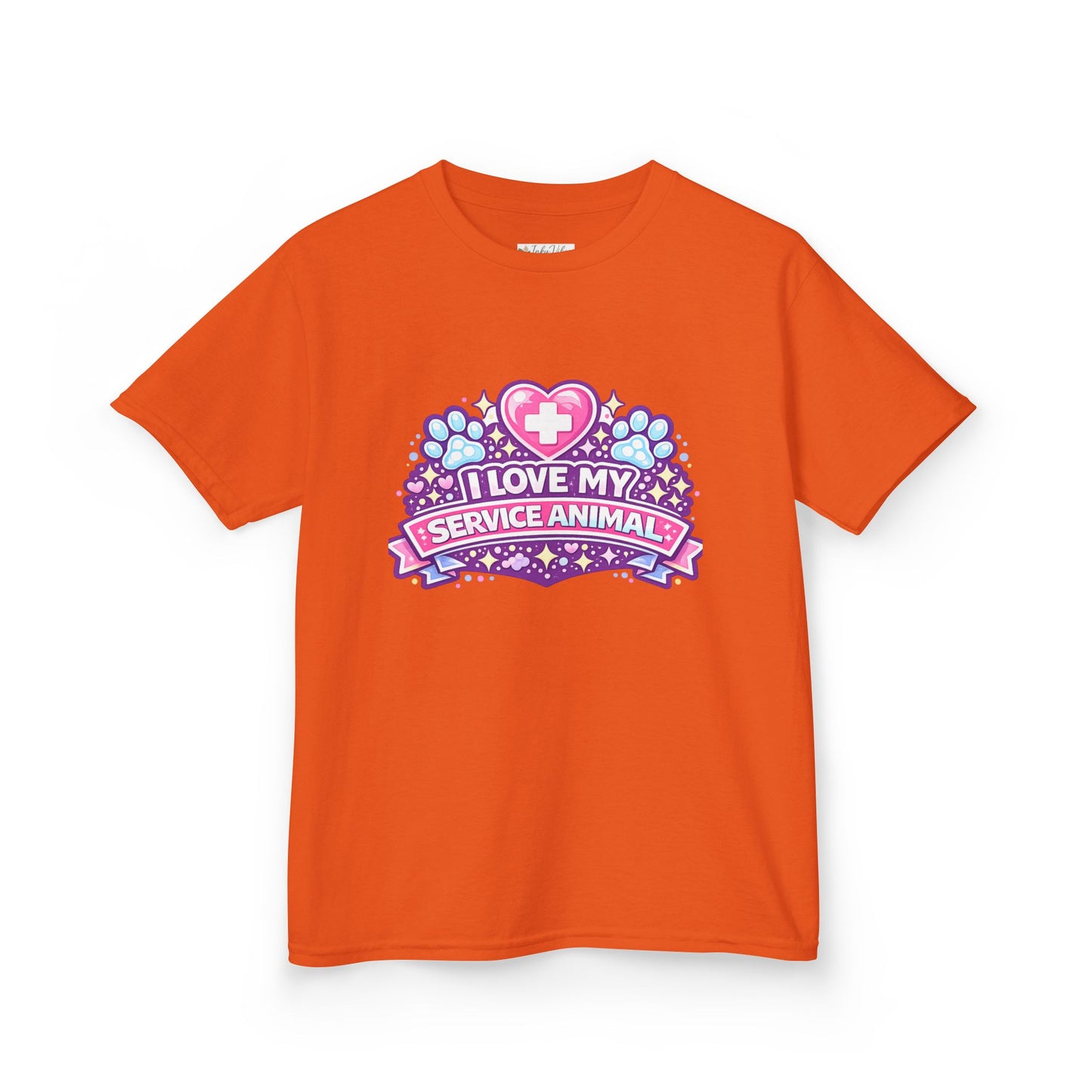 I Love My Service Animal Kid's Tee Shirt Cute Heart and Paw Print Design, Pink and Purple
