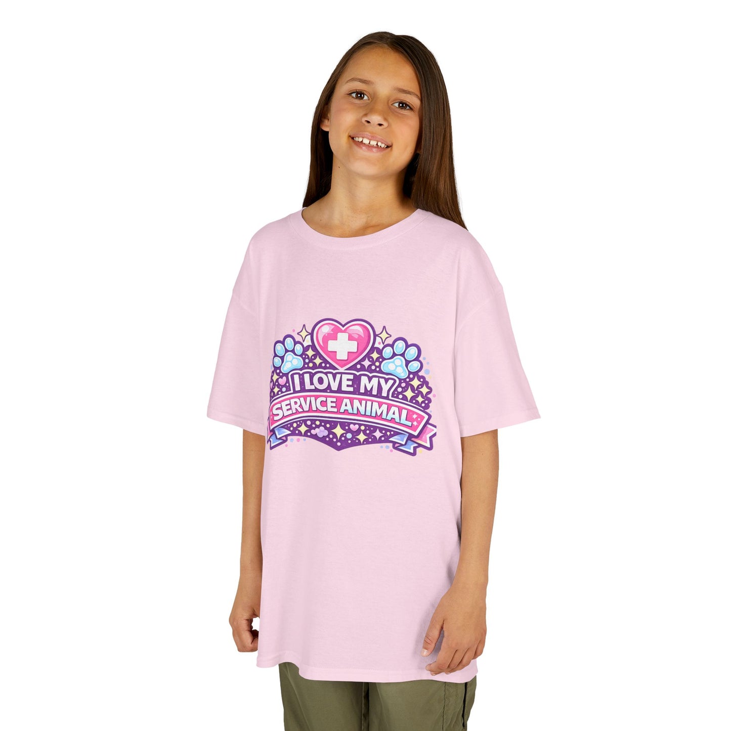 I Love My Service Animal Kid's Tee Shirt Cute Heart and Paw Print Design, Pink and Purple
