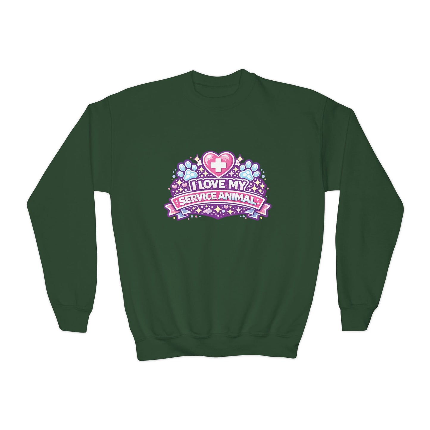 I Love My Service Animal, Youth Crewneck Sweatshirt, Matching, Pink and Purple
