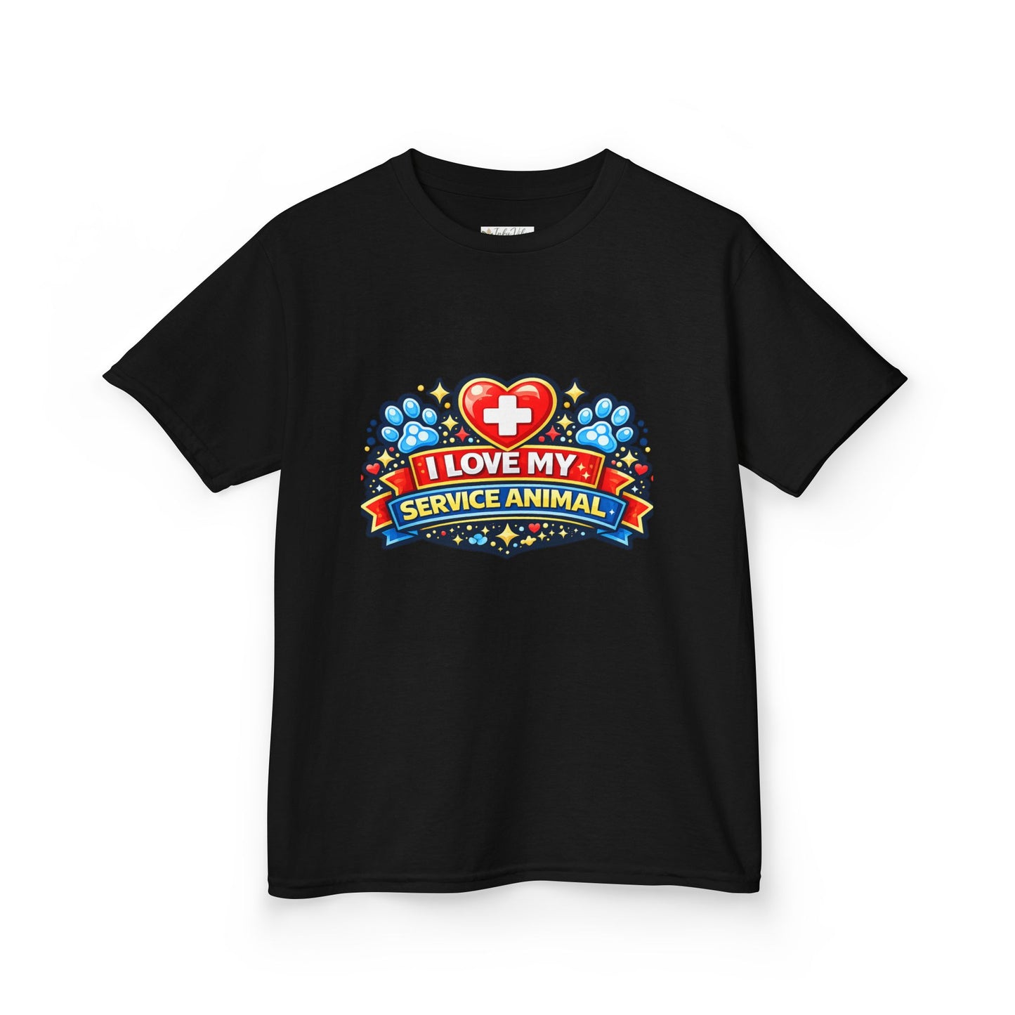 I Love My Service Animal Kid's Tee Shirt Cute Heart and Paw Print Design, Red and Blue