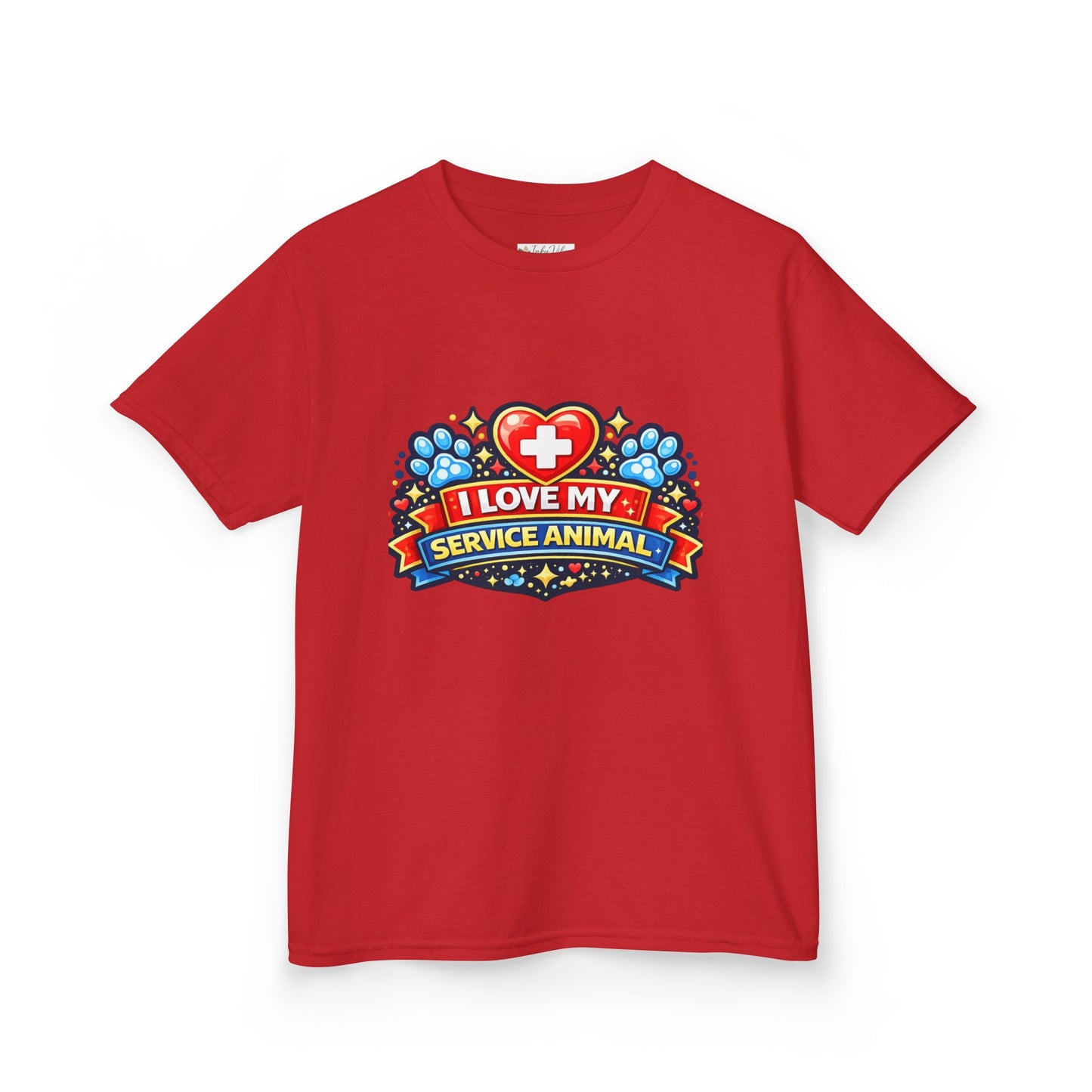 I Love My Service Animal Kid's Tee Shirt Cute Heart and Paw Print Design, Red and Blue