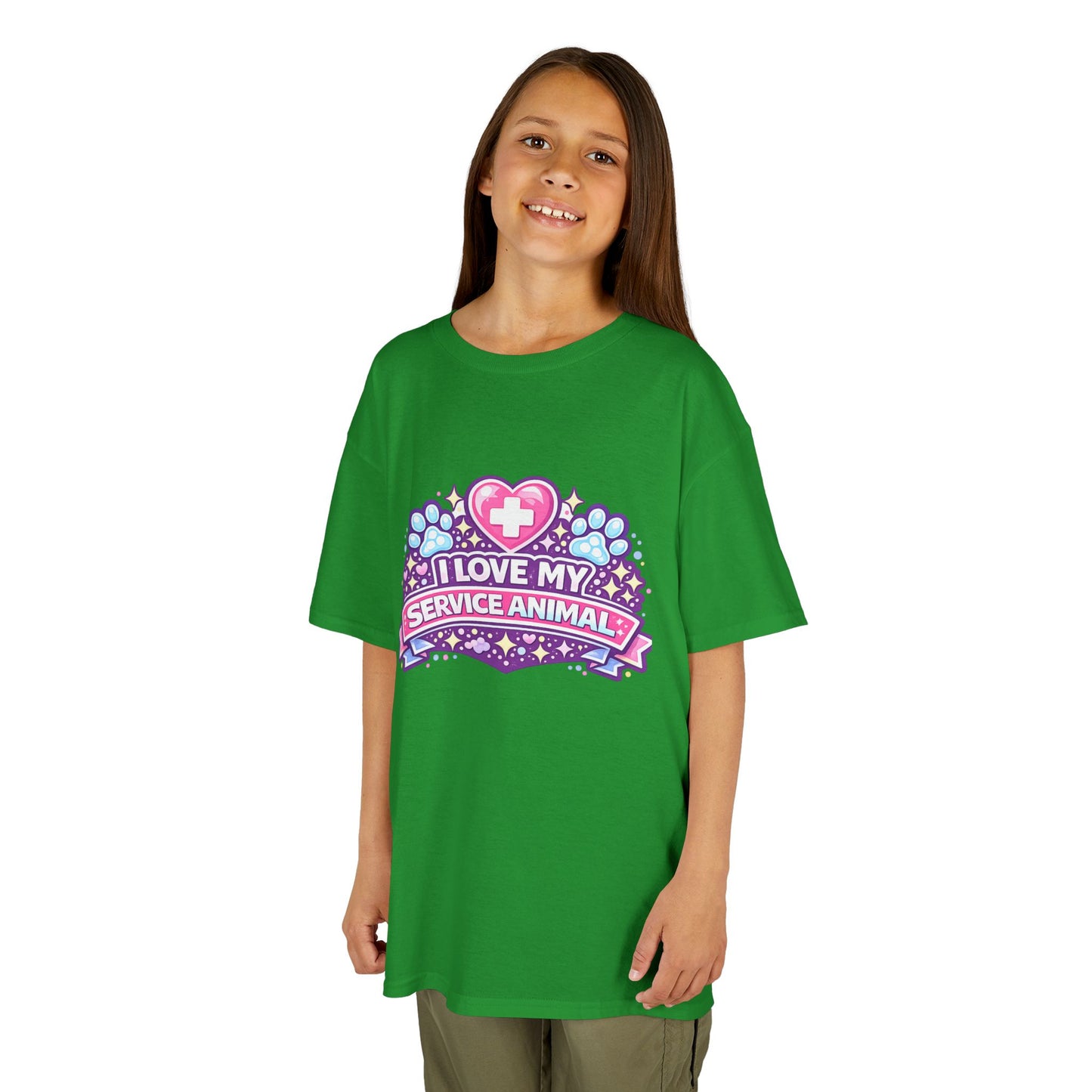 I Love My Service Animal Kid's Tee Shirt Cute Heart and Paw Print Design, Pink and Purple